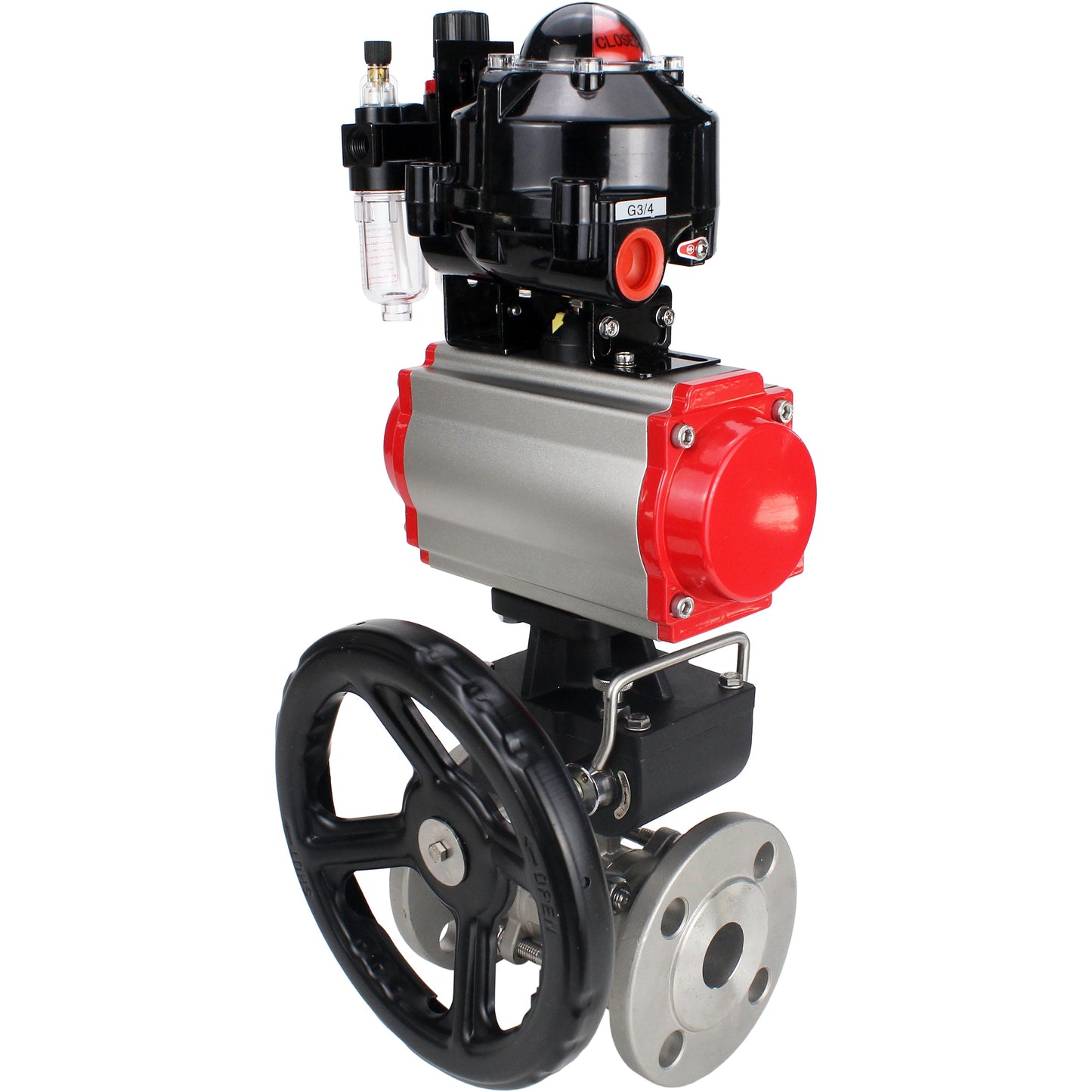 Ball valves DNOVA BV3131P(3pc)-FP-F-ISO-H flanged, full bore, three-piece, body - stainless steel SS304, seal - PTFE, with pneumatic actuator PA-DA-052-130 pneumatic distributor 4M310 -08 220V gearbox MON ATU AFC2000 LSU APL-510N