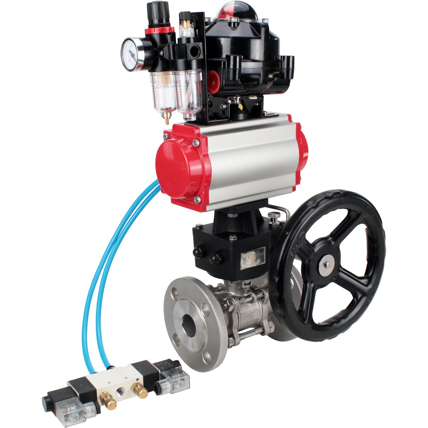 Ball valves DNOVA BV3131P(3pc)-FP-F-ISO-H flanged, full bore, three-piece, body - stainless steel SS304, seal - PTFE, with pneumatic drive PA-DA-052-130 pneumatic distributor 4V320 -08 MON gearbox ATU AFC2000 LSU APL-510N-EX
