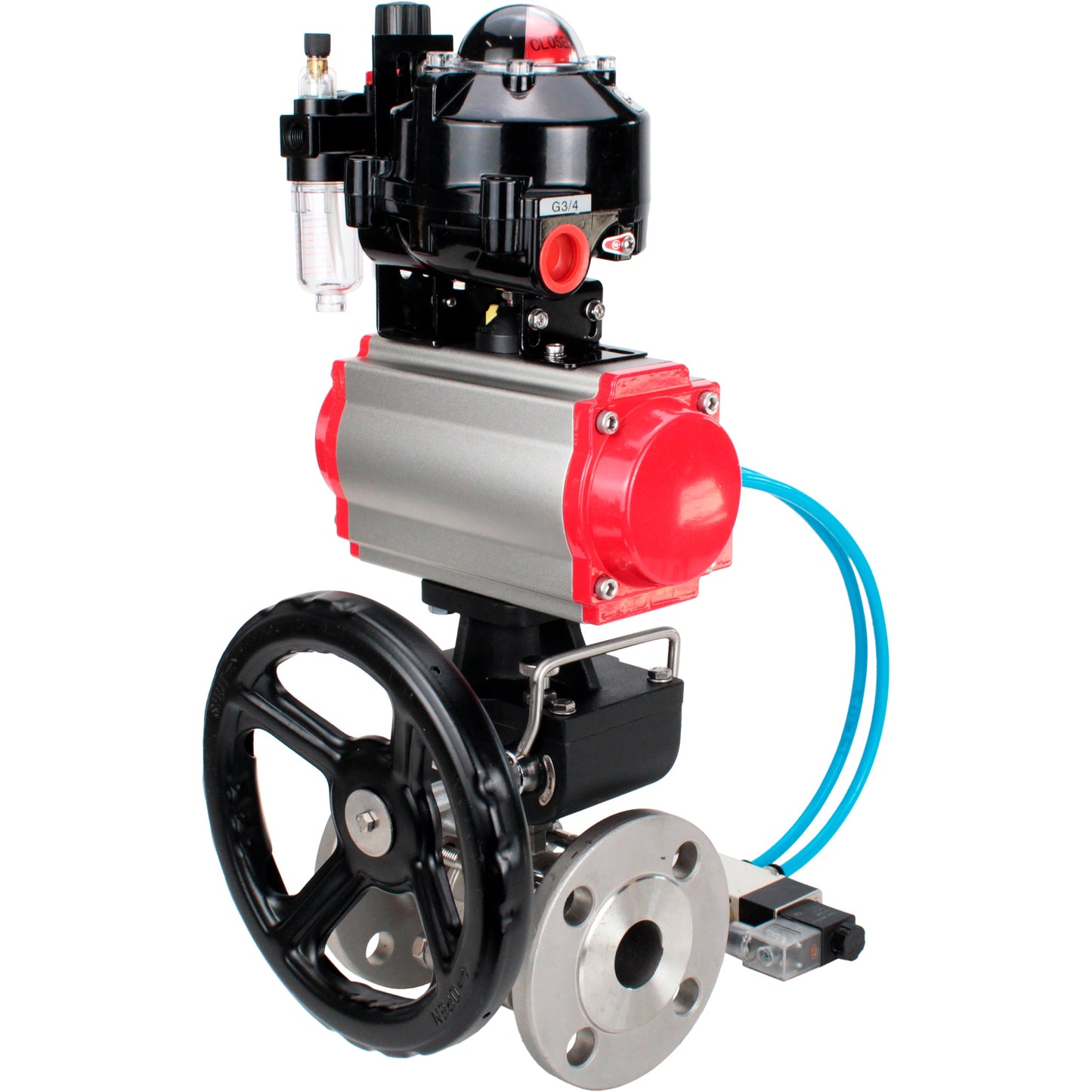 Ball valves DNOVA BV3131P(3pc)-FP-F-ISO-H flanged, full bore, three-piece, body - stainless steel SS304, seal - PTFE, with pneumatic drive PA-DA-052-130 pneumatic distributor 4V320 -10 MON gearbox ATU AFC2000 LSU APL-510N-EX