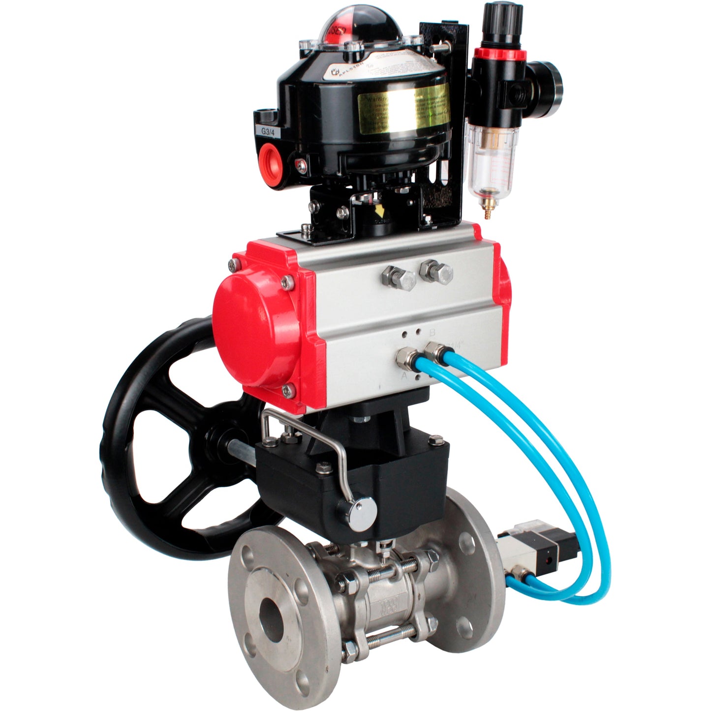 Ball valves DNOVA BV3131P(3pc)-FP-F-ISO-H flanged, full bore, three-piece, body - stainless steel SS304, seal - PTFE, with pneumatic drive PA-DA-052-130 pneumatic distributor 4V320 -10 MON gearbox ATU AFC2000 LSU APL-510N-EX