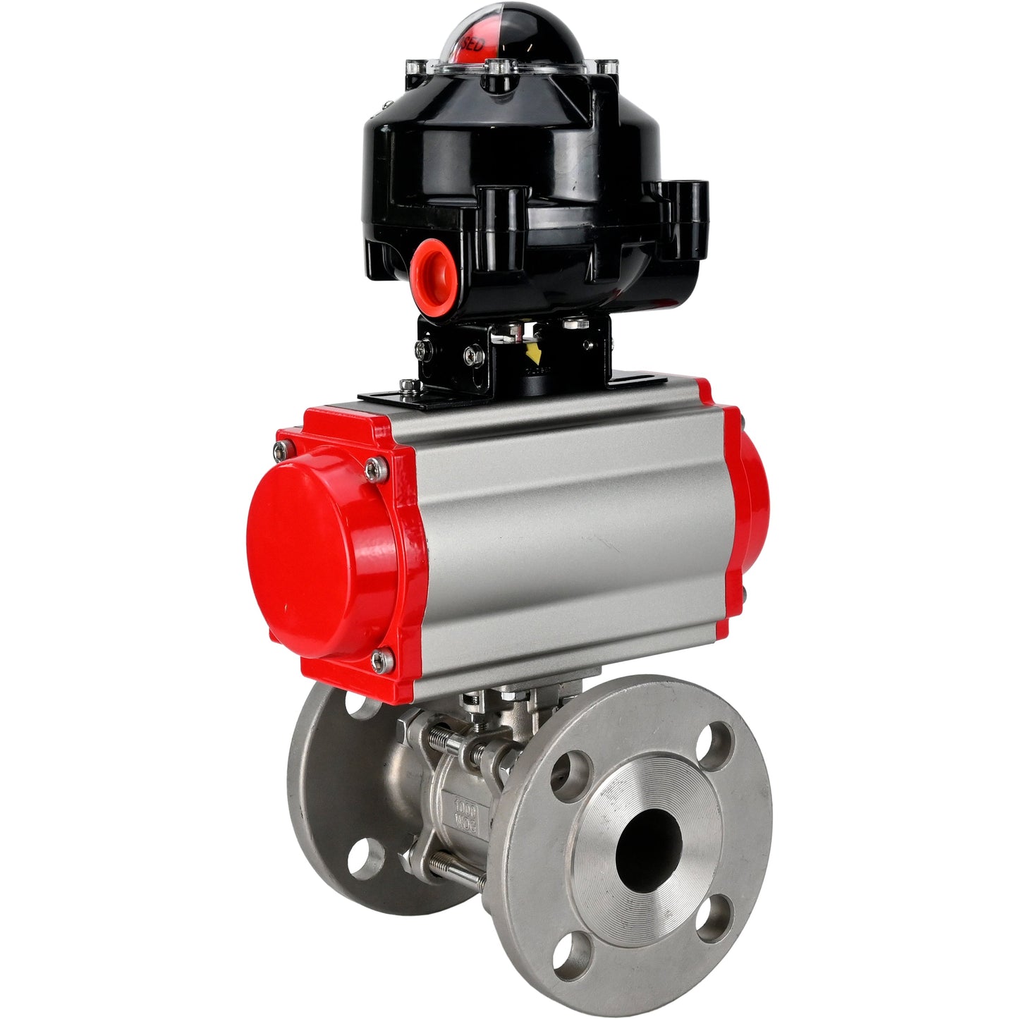 Ball valves DNOVA BV3131P(3pc)-FP-F-ISO-H flanged, full bore, three-piece, body - stainless steel SS304, seal - PTFE, with pneumatic actuator DNOVA PA-SA 065-160 and LSU APL -510N-EX