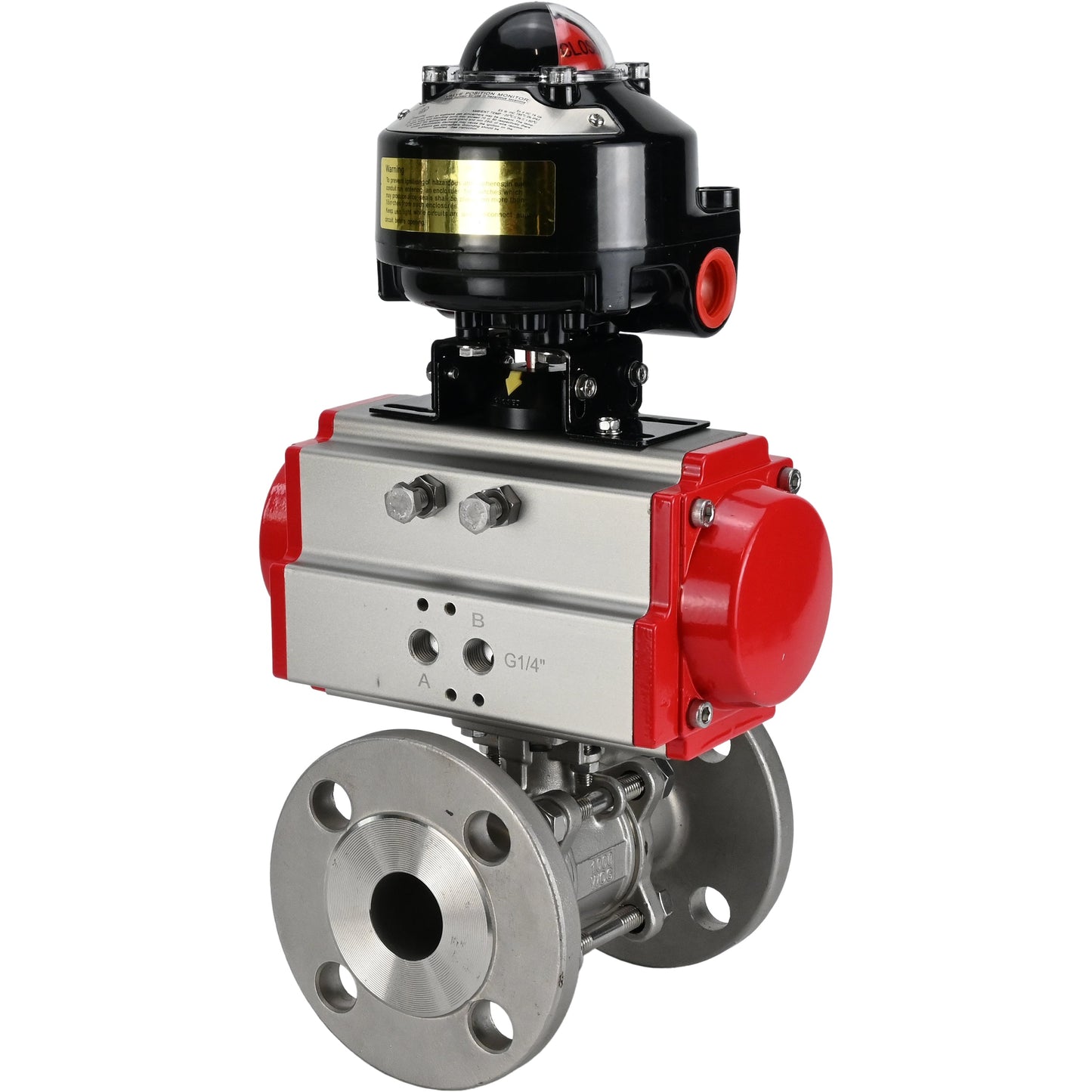 Ball valves DNOVA BV3131P(3pc)-FP-F-ISO-H flanged, full bore, three-piece, body - stainless steel SS304, seal - PTFE, with pneumatic actuator DNOVA PA-DA 052-130 and LSU APL -510N-EX