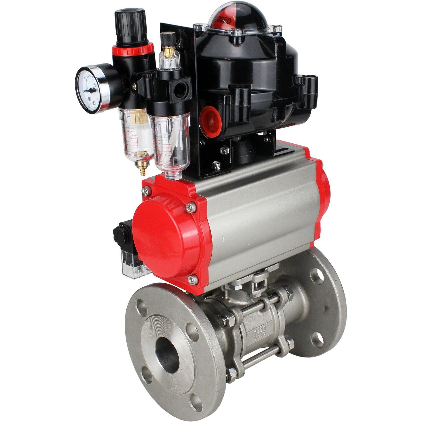 Ball valves DNOVA BV3131P(3pc)-FP-F-ISO-H flanged, full bore, three-piece, stainless steel body. steel SS304, seal - PTFE, with pneumatic actuator DNOVA PA-SA 065-160 pneumatic distributor 4M310-08 24V ATU AFC2000 APL-510N-EX