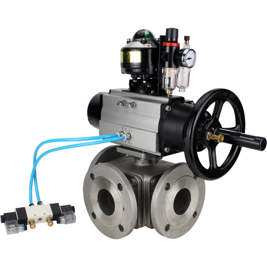 Ball valves DNOVA BV3232P(4pc)-FP-3WL-F-ISO-H DN100 16 bar full bore, flanged, body - stainless steel SS316, ISO flange F10/F12, square 19x19, with pneumatic actuator PA-DA-105-1, pneumatic distributor 4V320-10 220V, LSU APL-510N EX and ATU AFC2000