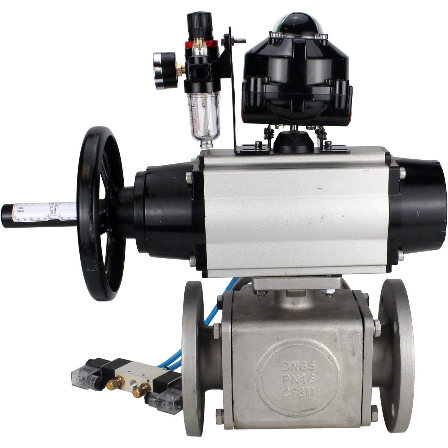 Ball valves DNOVA BV3232P(4pc)-FP-3WL-F-ISO-H DN100 16 bar full bore, flanged, body - stainless steel SS316, ISO flange F10/F12, square 19x19, with pneumatic actuator PA-DA-105-1, pneumatic distributor 4V320-10 220V, LSU APL-510N EX and ATU AFC2000