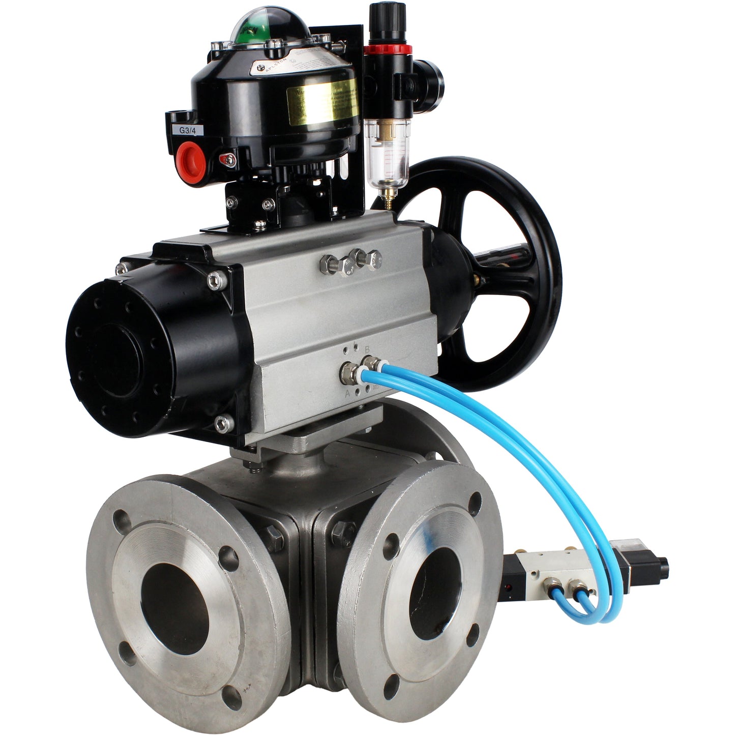 Ball valves DNOVA BV3232P(4pc)-FP-3WL-F-ISO-H DN100 16 bar full bore, flanged, body - stainless steel SS316, ISO flange F10/F12, square 19x19, with pneumatic actuator PA-DA-105-1, pneumatic distributor 4V320-10 220V, LSU APL-510N EX and ATU AFC2000