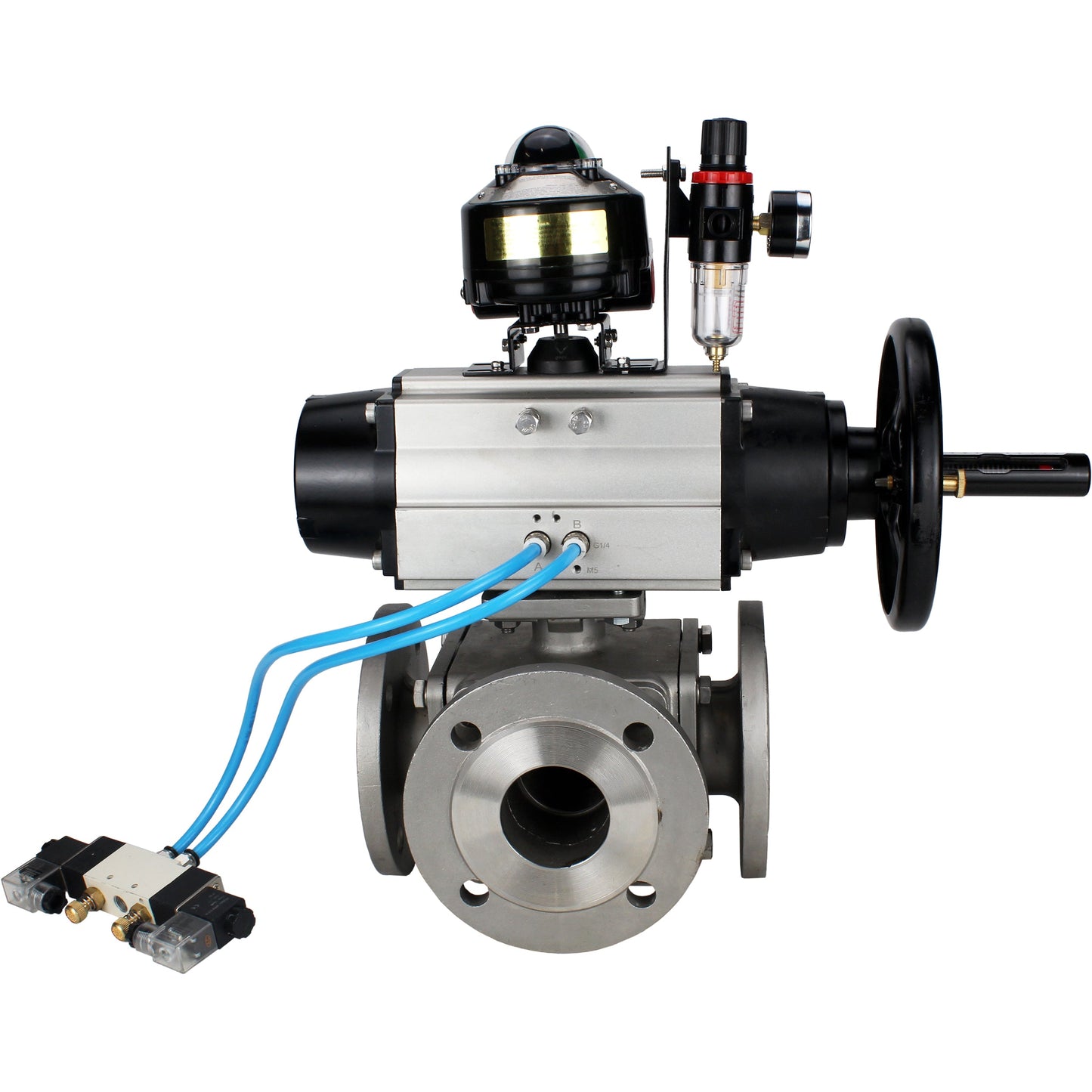Ball valves DNOVA BV3232P(4pc)-FP-3WL-F-ISO-H DN100 16 bar full bore, flanged, body - stainless steel SS316, ISO flange F10/F12, square 19x19, with pneumatic actuator PA-DA-105-1, pneumatic distributor 4V320-10 220V, LSU APL-510N EX and ATU AFC2000
