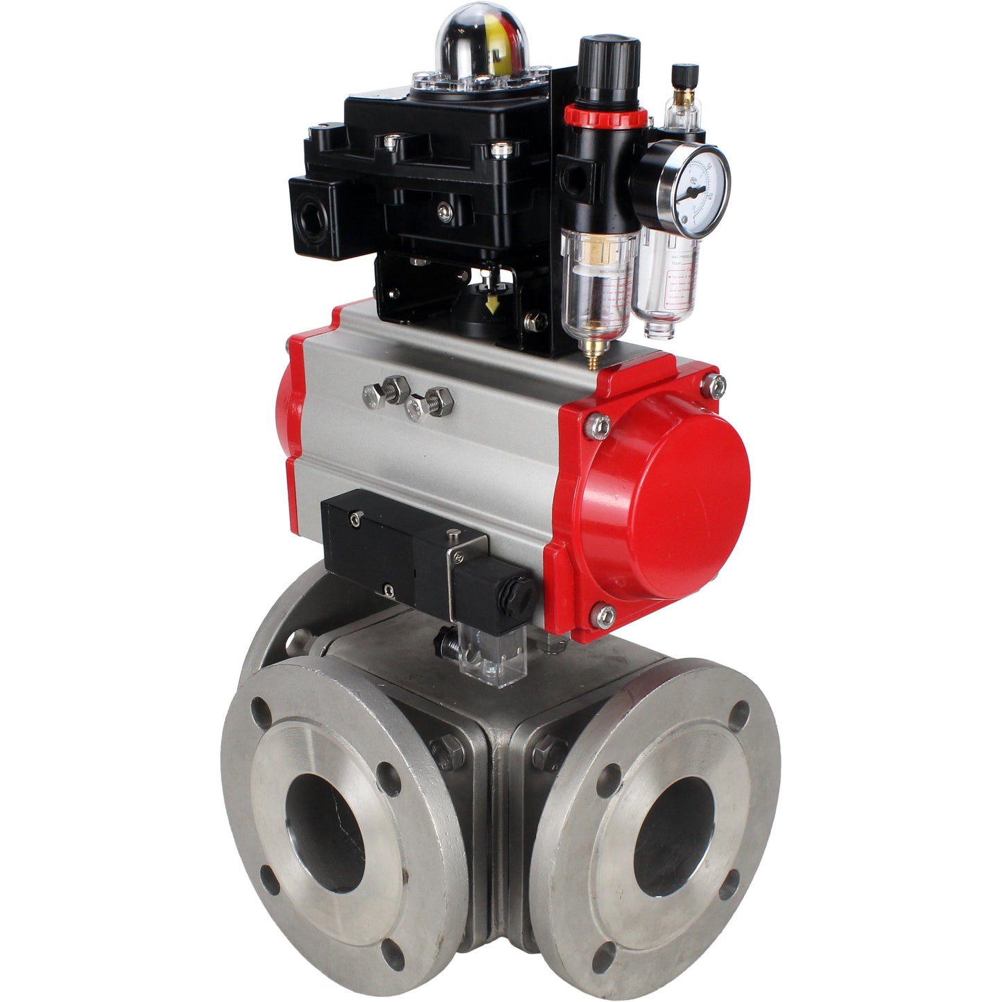 Ball valves DNOVA BV3232P(4pc)-FP-3WL-F-ISO-H 16 bar full bore, flanged, body - stainless steel SS316, ISO flange F03/F04-F10/F12, square 9x9-19x19, with pneumatic drive PA-DA, pneumatic distributor 4M310-08 220V, LSU APL-410N EX and ATU AF