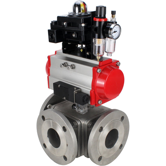 Ball valves DNOVA BV3232P(4pc)-FP-3WL-F-ISO-H 16 bar full bore, flanged, body - stainless steel SS316, ISO flange F03/F04-F10/F12, square 9x9-19x19, with pneumatic drive PA-DA, pneumatic distributor 4M310-08 220V, LSU APL-410N EX and ATU AF