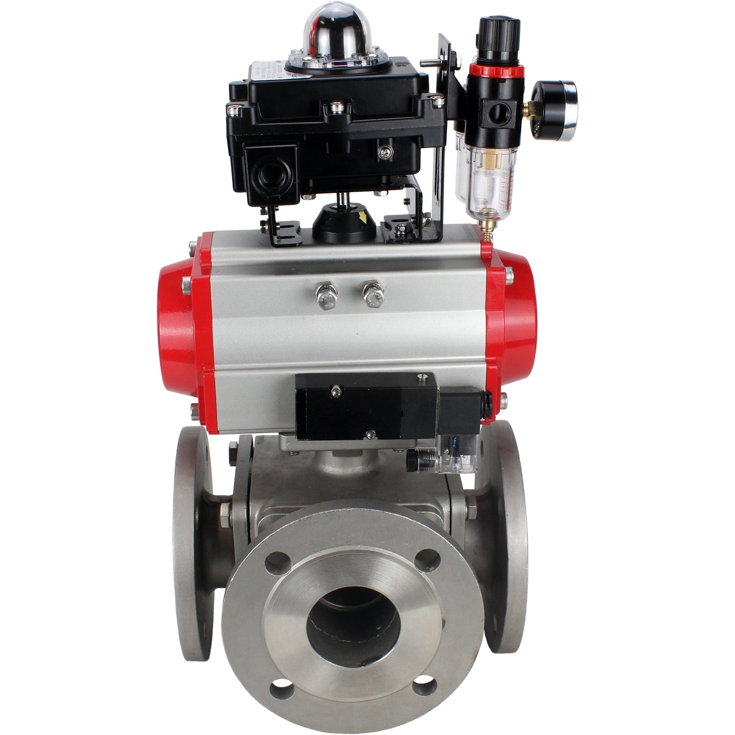 Ball valves DNOVA BV3232P(4pc)-FP-3WL-F-ISO-H 16 bar full bore, flanged, body - stainless steel SS316, ISO flange F03/F04-F10/F12, square 9x9-19x19, with pneumatic drive PA-DA, pneumatic distributor 4M310-08 220V, LSU APL-410N EX and ATU AF