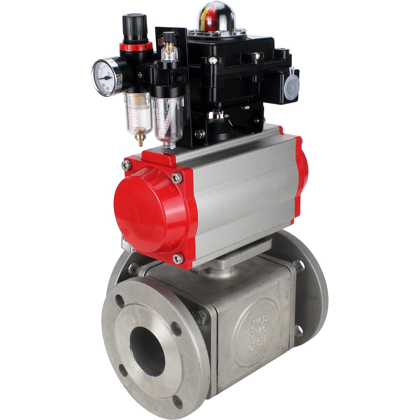 Ball valves DNOVA BV3232P(4pc)-FP-3WL-F-ISO-H 16 bar full bore, flanged, body - stainless steel SS316, ISO flange F03/F04-F10/F12, square 9x9-19x19, with pneumatic drive PA-DA, pneumatic distributor 4M310-08 220V, LSU APL-410N EX and ATU AF