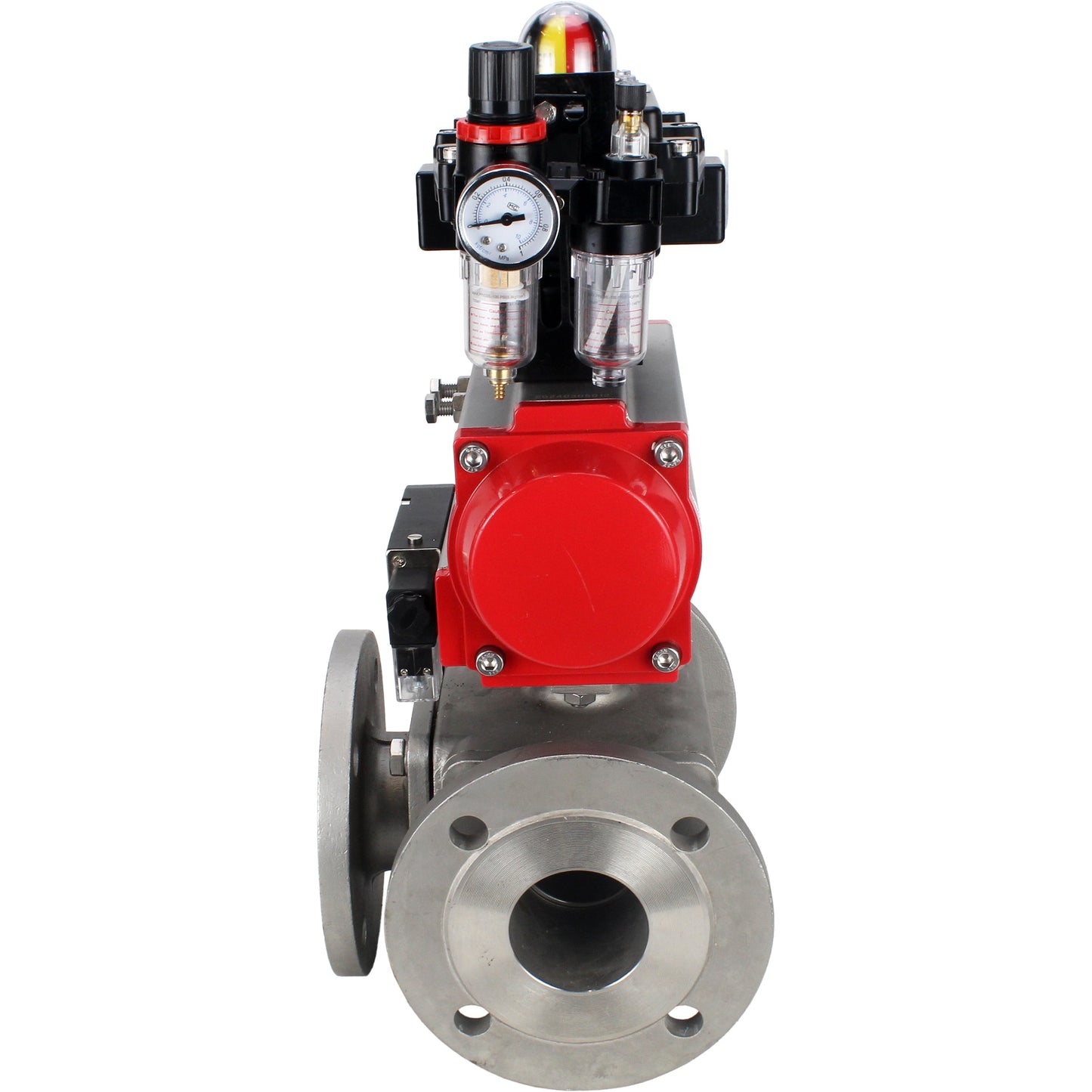 Ball valves DNOVA BV3232P(4pc)-FP-3WL-F-ISO-H 16 bar full bore, flanged, body - stainless steel SS316, ISO flange F03/F04-F10/F12, square 9x9-19x19, with pneumatic drive PA-DA, pneumatic distributor 4M310-08 220V, LSU APL-410N EX and ATU AF