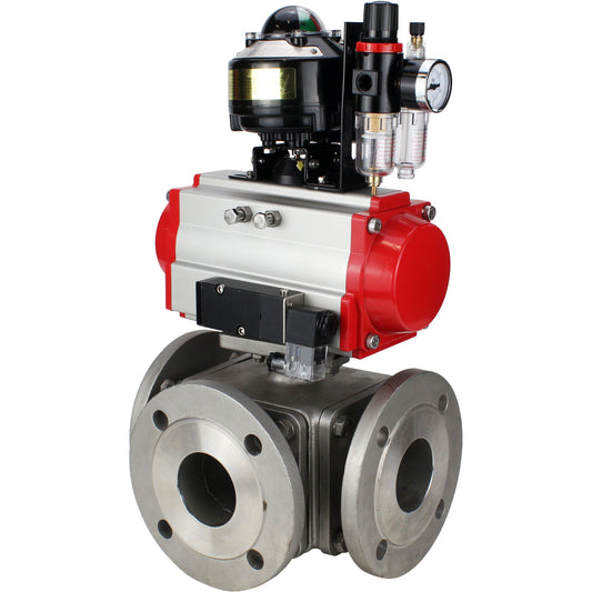 Ball valves DNOVA BV3232P(4pc)-FP-3WL-F-ISO-H 16 bar full bore, flanged, body - stainless steel SS316, ISO flange F03/F04-F10/F12, square 9x9-19x19, with pneumatic drive PA-DA, pneumatic distributor 4M310-08 220V, LSU APL-510N EX and ATU AF