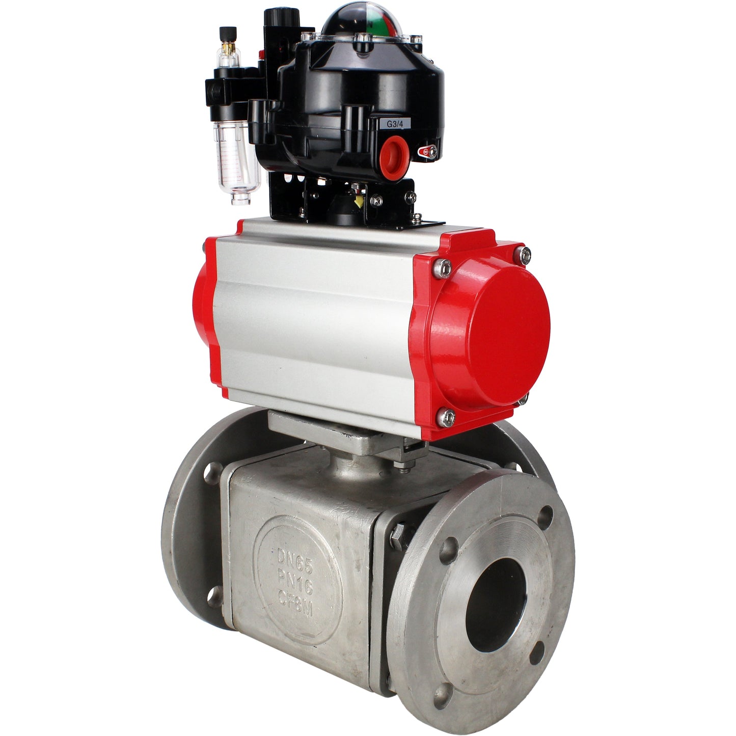 Ball valves DNOVA BV3232P(4pc)-FP-3WL-F-ISO-H 16 bar full bore, flanged, body - stainless steel SS316, ISO flange F03/F04-F10/F12, square 9x9-19x19, with pneumatic drive PA-DA, pneumatic distributor 4M310-08 220V, LSU APL-510N EX and ATU AF