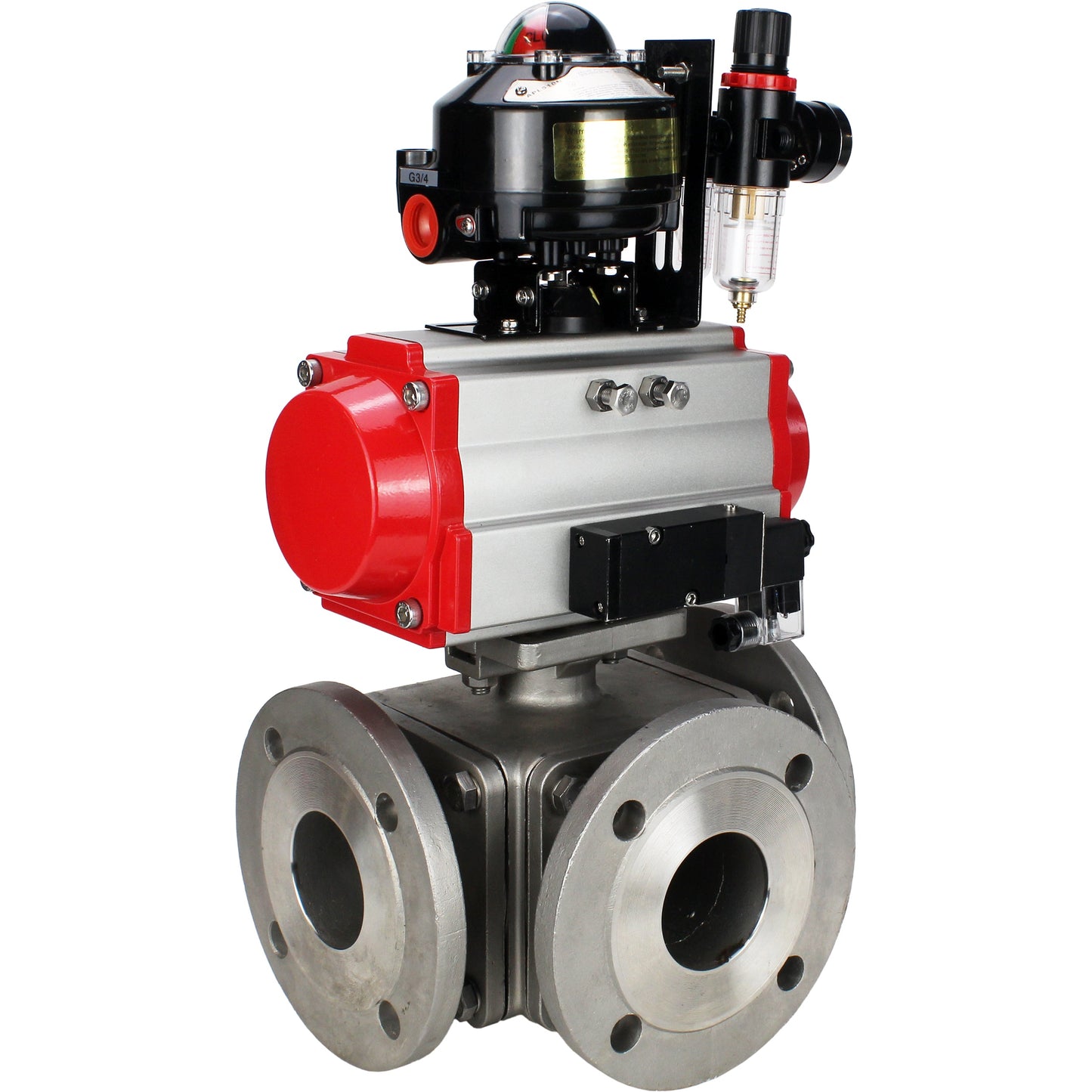 Ball valves DNOVA BV3232P(4pc)-FP-3WL-F-ISO-H 16 bar full bore, flanged, body - stainless steel SS316, ISO flange F03/F04-F10/F12, square 9x9-19x19, with pneumatic drive PA-DA, pneumatic distributor 4M310-08 220V, LSU APL-510N EX and ATU AF