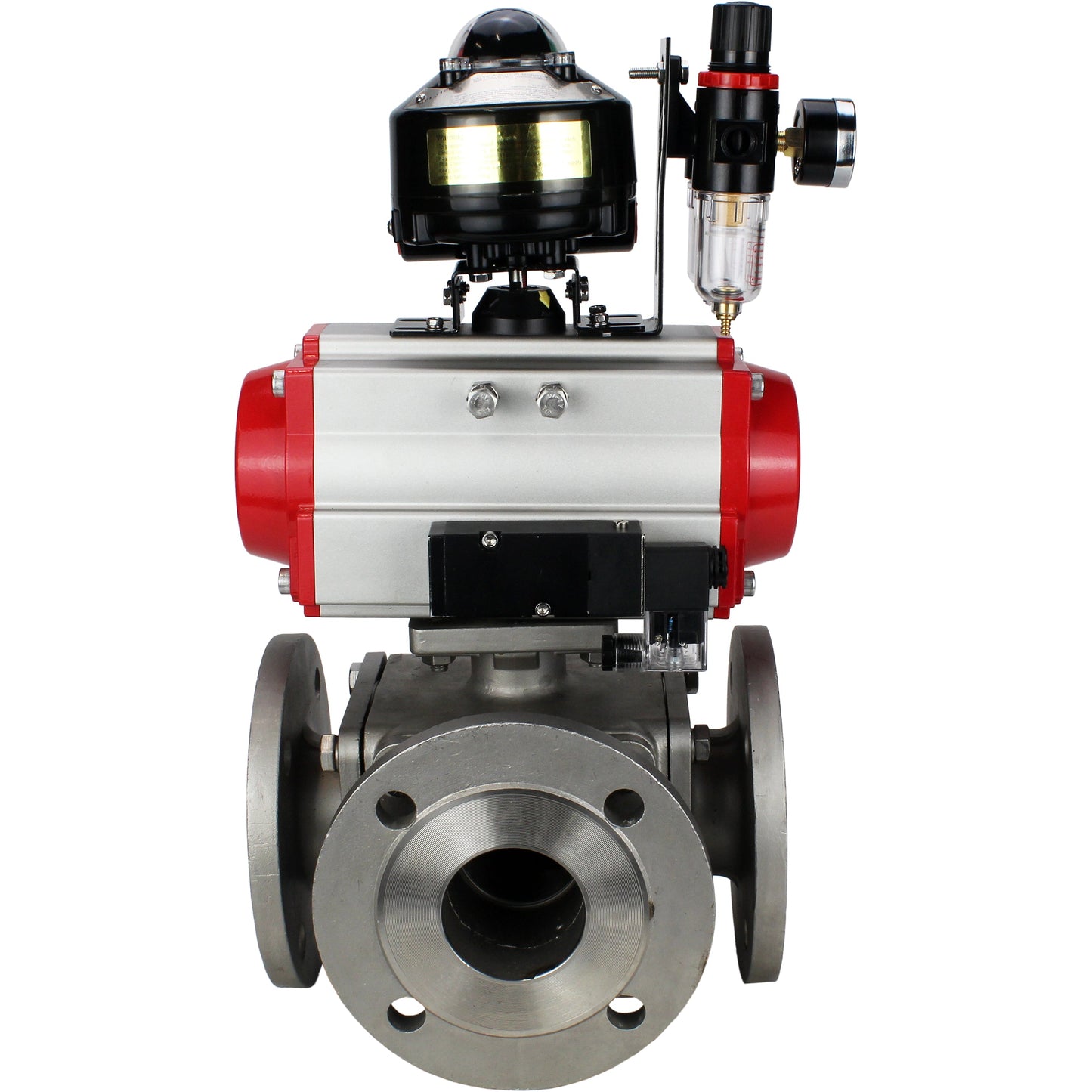 Ball valves DNOVA BV3232P(4pc)-FP-3WL-F-ISO-H 16 bar full bore, flanged, body - stainless steel SS316, ISO flange F03/F04-F10/F12, square 9x9-19x19, with pneumatic drive PA-DA, pneumatic distributor 4M310-08 220V, LSU APL-510N EX and ATU AF