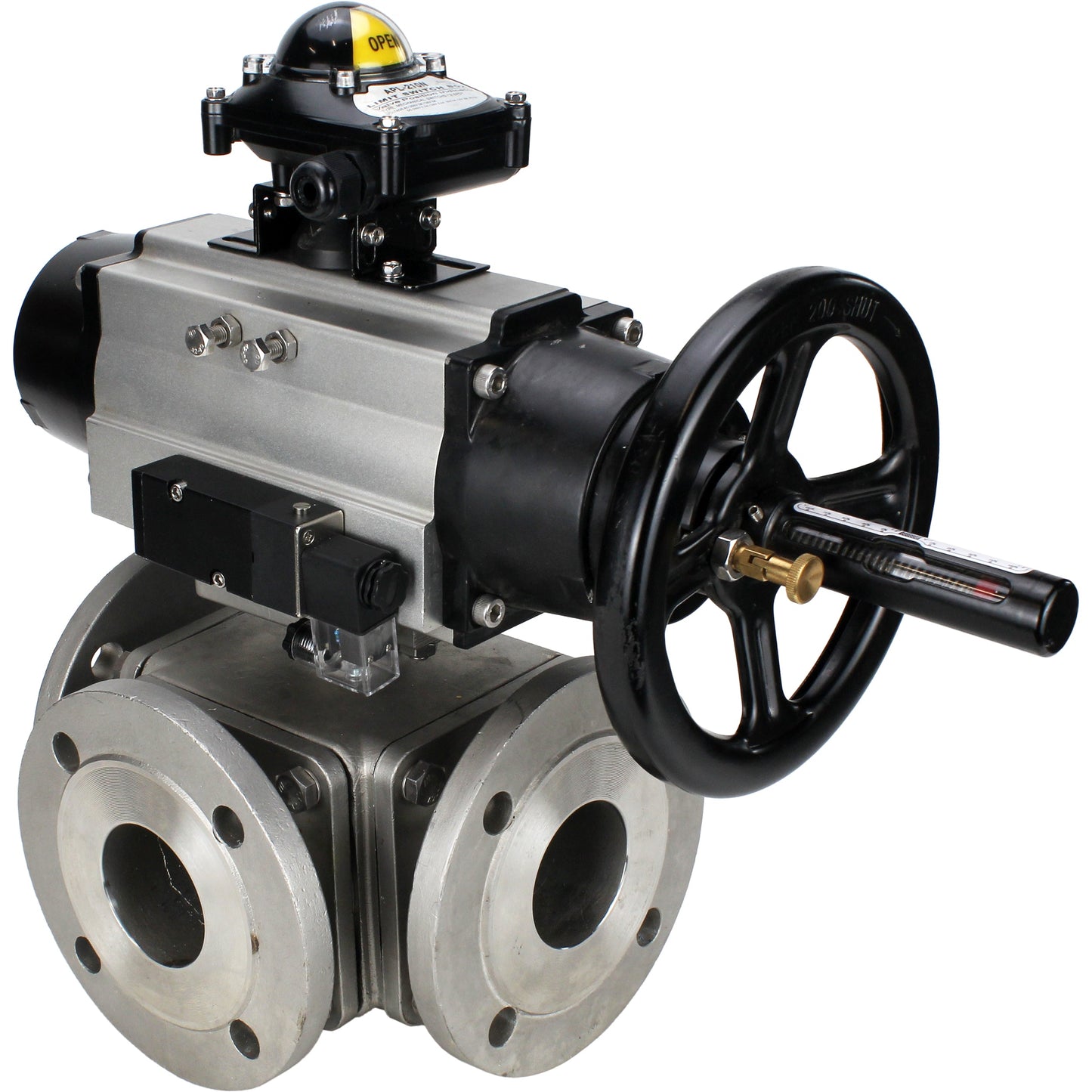 Ball valves DNOVA BV3232P(4pc)-FP-3WL-F-ISO-H DN100 16 bar full bore, flanged, body - stainless steel SS316, ISO flange F10/F12, square 19x19, with double pneumatic actuator PA-DA-105-1 action, pneumatic distributor 4M310-08 220V and LSU APL-210N