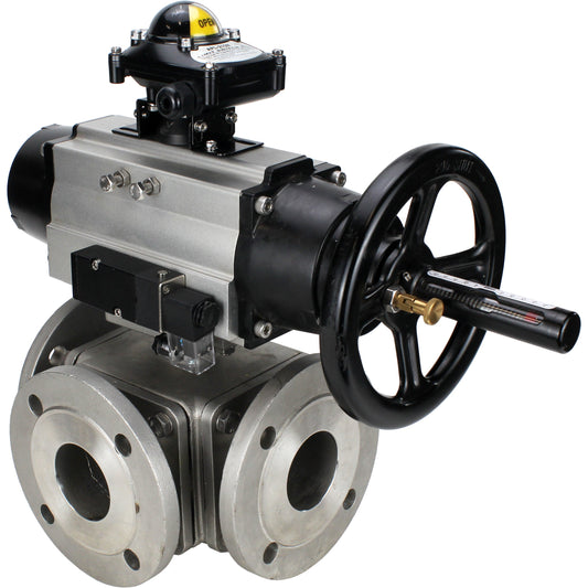Ball valves DNOVA BV3232P(4pc)-FP-3WL-F-ISO-H DN100 16 bar full bore, flanged, body - stainless steel SS316, ISO flange F10/F12, square 19x19, with double pneumatic actuator PA-DA-105-1 action, pneumatic distributor 4M310-08 220V and LSU APL-210N