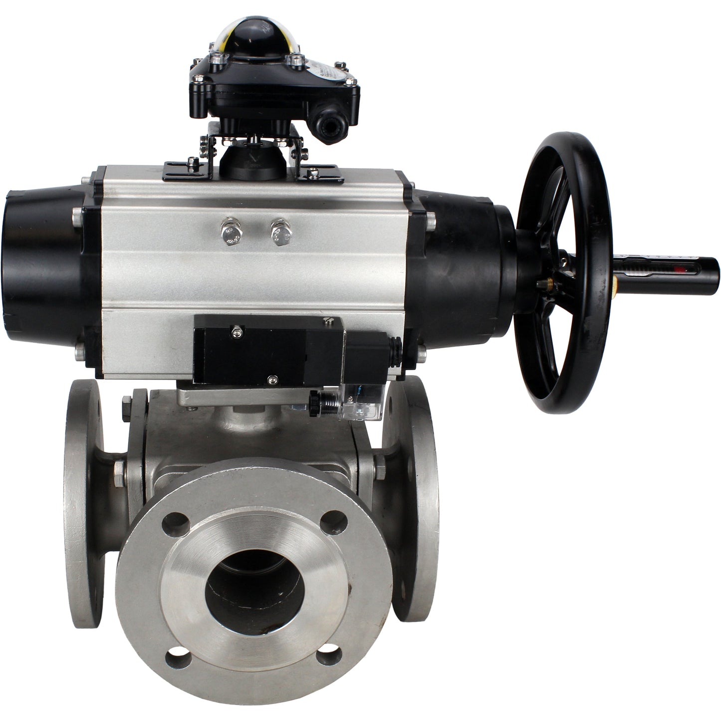 Ball valves DNOVA BV3232P(4pc)-FP-3WL-F-ISO-H DN100 16 bar full bore, flanged, body - stainless steel SS316, ISO flange F10/F12, square 19x19, with double pneumatic actuator PA-DA-105-1 action, pneumatic distributor 4M310-08 220V and LSU APL-210N