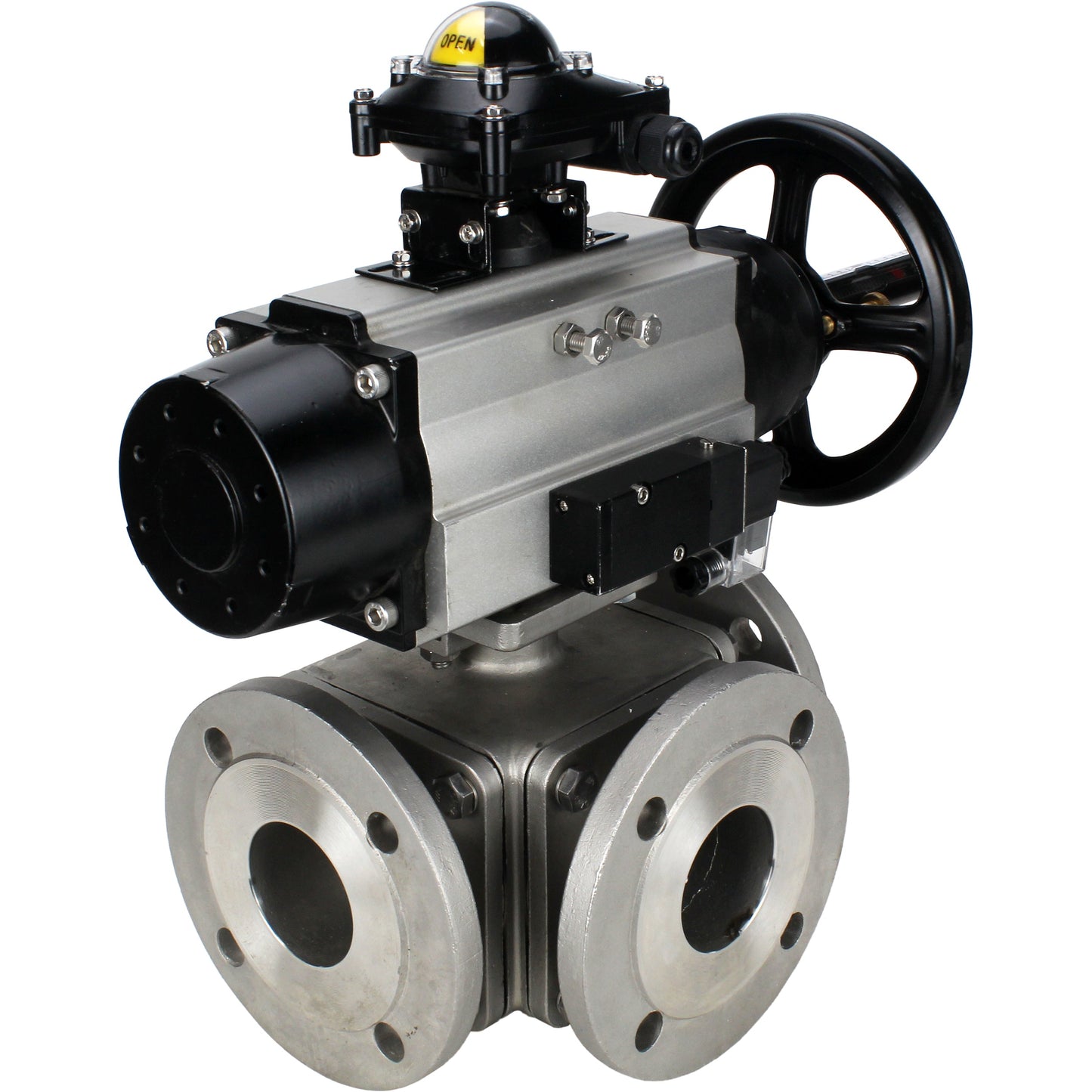 Ball valves DNOVA BV3232P(4pc)-FP-3WL-F-ISO-H DN100 16 bar full bore, flanged, body - stainless steel SS316, ISO flange F10/F12, square 19x19, with double pneumatic actuator PA-DA-105-1 action, pneumatic distributor 4M310-08 220V and LSU APL-210N