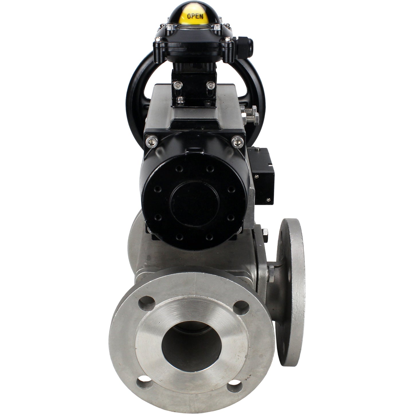 Ball valves DNOVA BV3232P(4pc)-FP-3WL-F-ISO-H DN100 16 bar full bore, flanged, body - stainless steel SS316, ISO flange F10/F12, square 19x19, with double pneumatic actuator PA-DA-105-1 action, pneumatic distributor 4M310-08 220V and LSU APL-210N