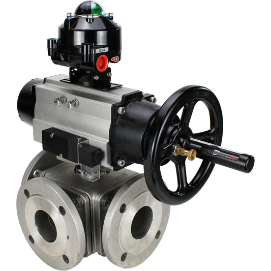 Ball valves DNOVA BV3232P(4pc)-FP-3WL-F-ISO-H DN100 16 bar full bore, flanged, body - stainless steel SS316, ISO flange F10/F12, square 19x19, with double pneumatic actuator PA-DA-105-1 action, pneumatic distributor 4M310-08 220V and LSU APL-510N E