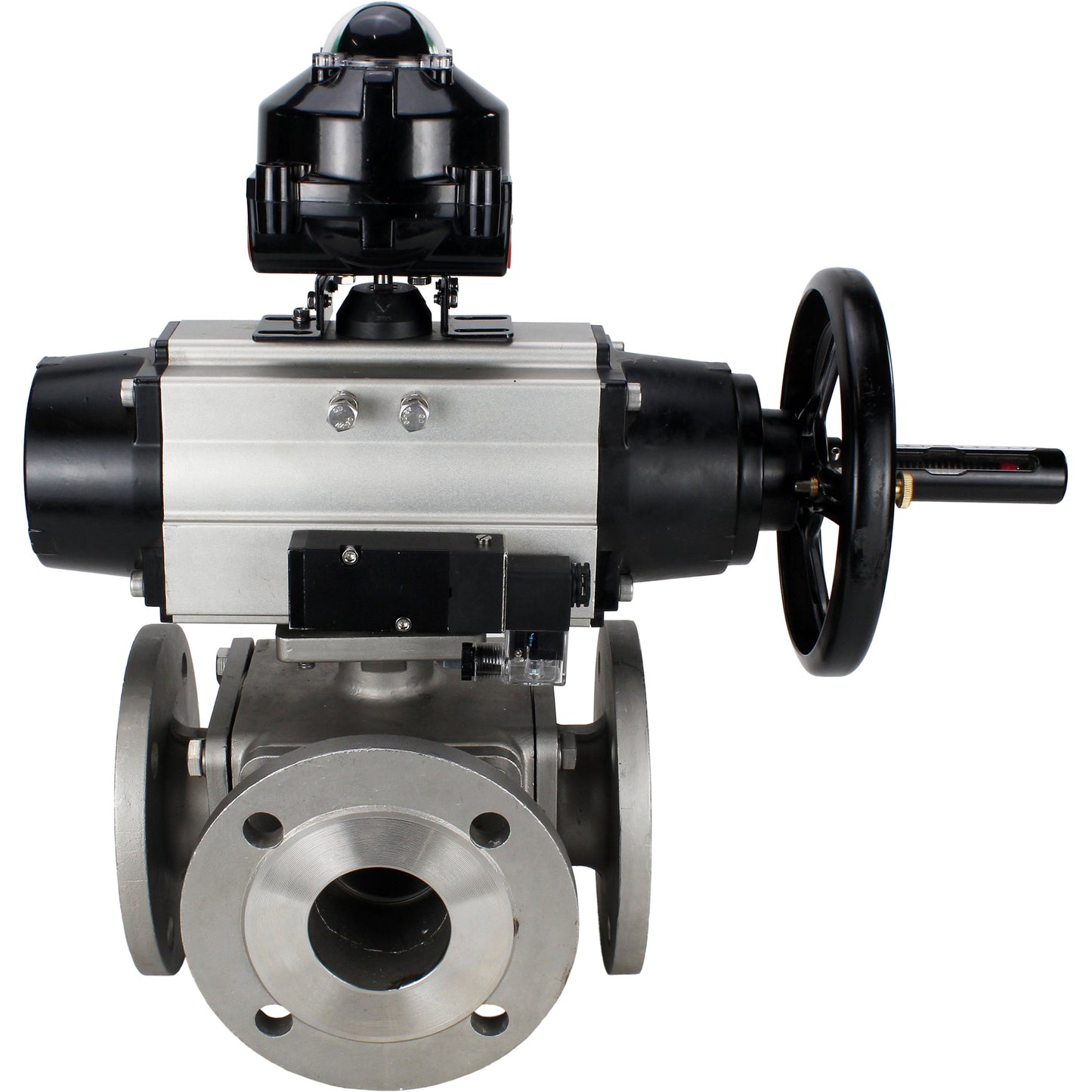 Ball valves DNOVA BV3232P(4pc)-FP-3WL-F-ISO-H DN100 16 bar full bore, flanged, body - stainless steel SS316, ISO flange F10/F12, square 19x19, with double pneumatic actuator PA-DA-105-1 action, pneumatic distributor 4M310-08 220V and LSU APL-510N E