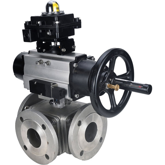 Ball valves DNOVA BV3232P(4pc)-FP-3WL-F-ISO-H DN100 16 bar full bore, flanged, body - stainless steel SS316, ISO flange F10/F12, square 19x19, with double pneumatic actuator PA-DA-105-1 action, pneumatic distributor 4M310-08 220V and LSU APL-410N E