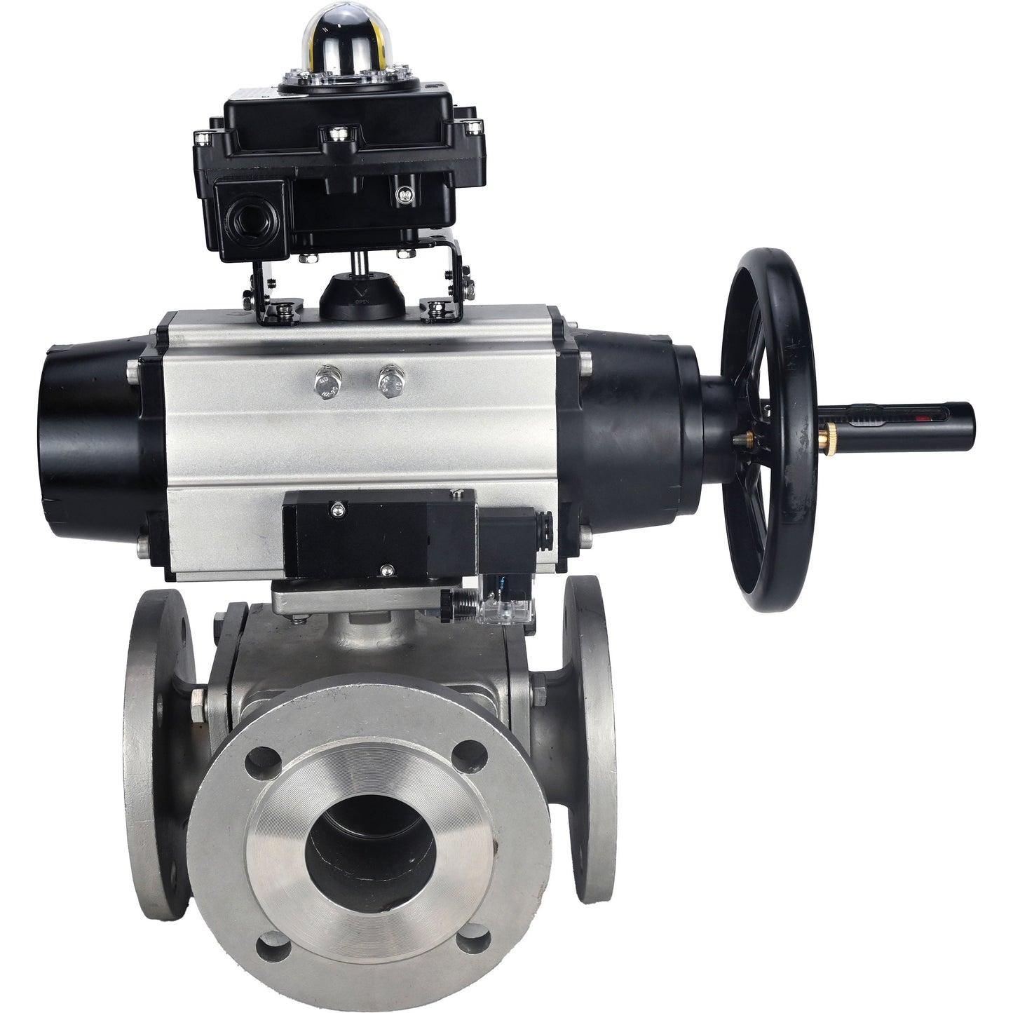 Ball valves DNOVA BV3232P(4pc)-FP-3WL-F-ISO-H DN100 16 bar full bore, flanged, body - stainless steel SS316, ISO flange F10/F12, square 19x19, with double pneumatic actuator PA-DA-105-1 action, pneumatic distributor 4M310-08 220V and LSU APL-410N E