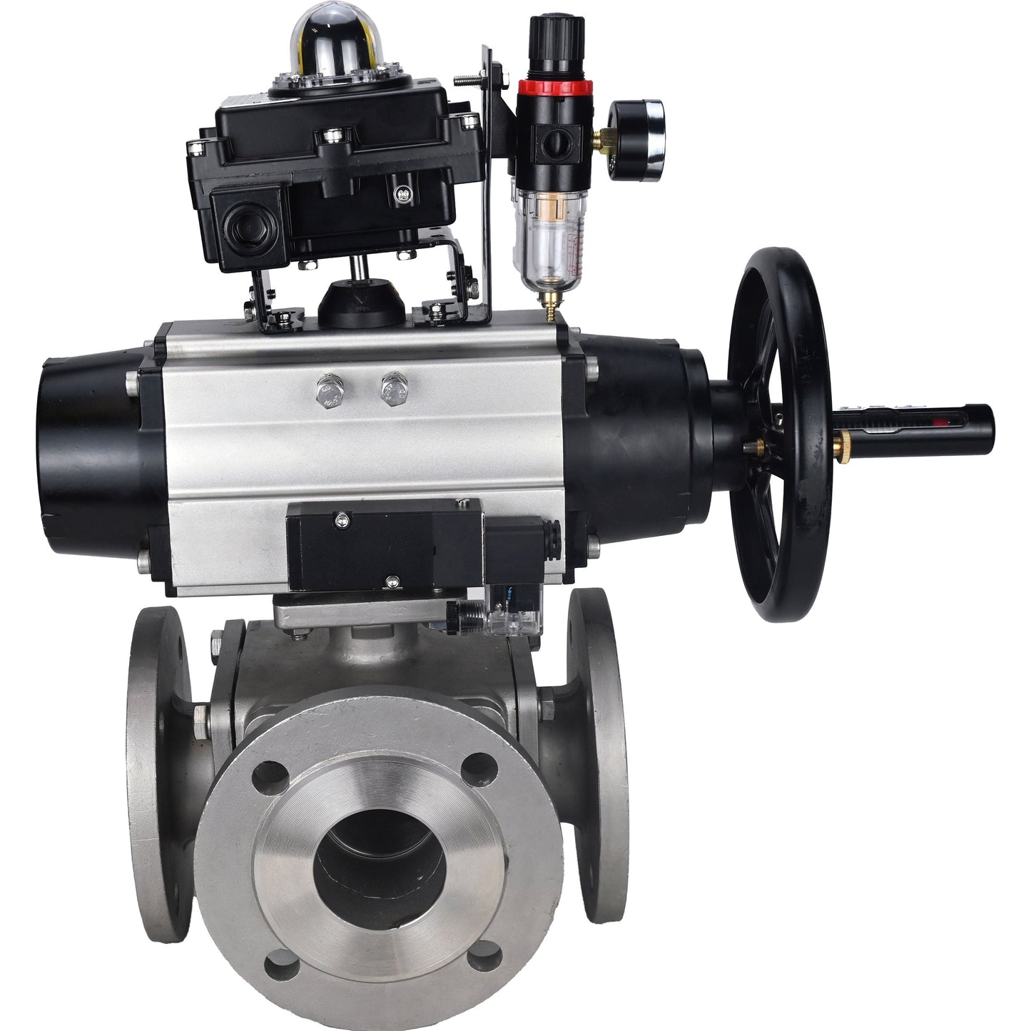 Ball valves DNOVA BV3232P(4pc)-FP-3WL-F-ISO-H DN100 16 bar full bore, flanged, body - stainless steel SS316, ISO flange F10/F12, square 19x19, with pneumatic actuator PA-DA-105-1, pneumatic distributor 4M310-08 220V, LSU APL-410N EX and ATU AFC2000