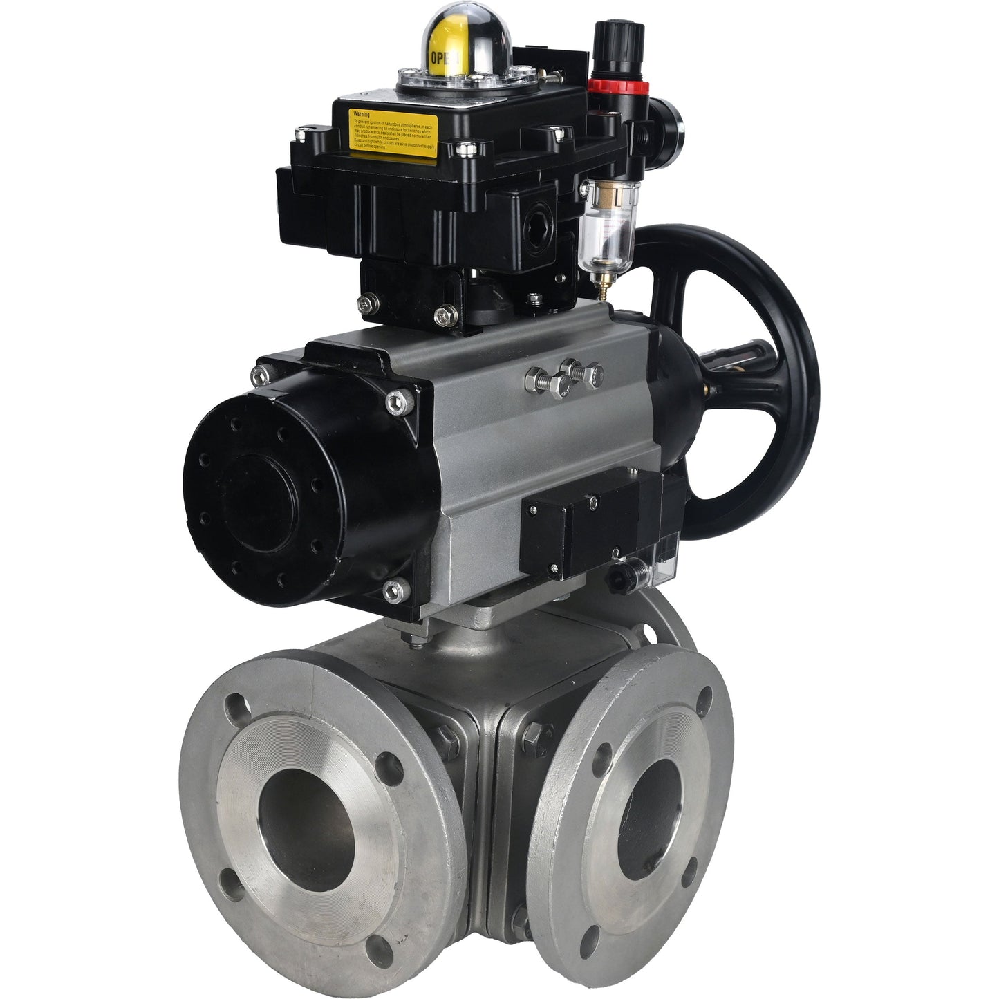 Ball valves DNOVA BV3232P(4pc)-FP-3WL-F-ISO-H DN100 16 bar full bore, flanged, body - stainless steel SS316, ISO flange F10/F12, square 19x19, with pneumatic actuator PA-DA-105-1, pneumatic distributor 4M310-08 220V, LSU APL-410N EX and ATU AFC2000