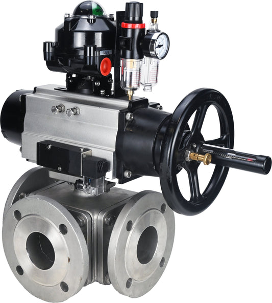 Ball valves DNOVA BV3232P(4pc)-FP-3WL-F-ISO-H DN100 16 bar full bore, flanged, body - stainless steel SS316, ISO flange F10/F12, square 19x19, with pneumatic actuator PA-DA-105-1, pneumatic distributor 4M310-08 220V, LSU APL-510N EX and ATU AFC2000