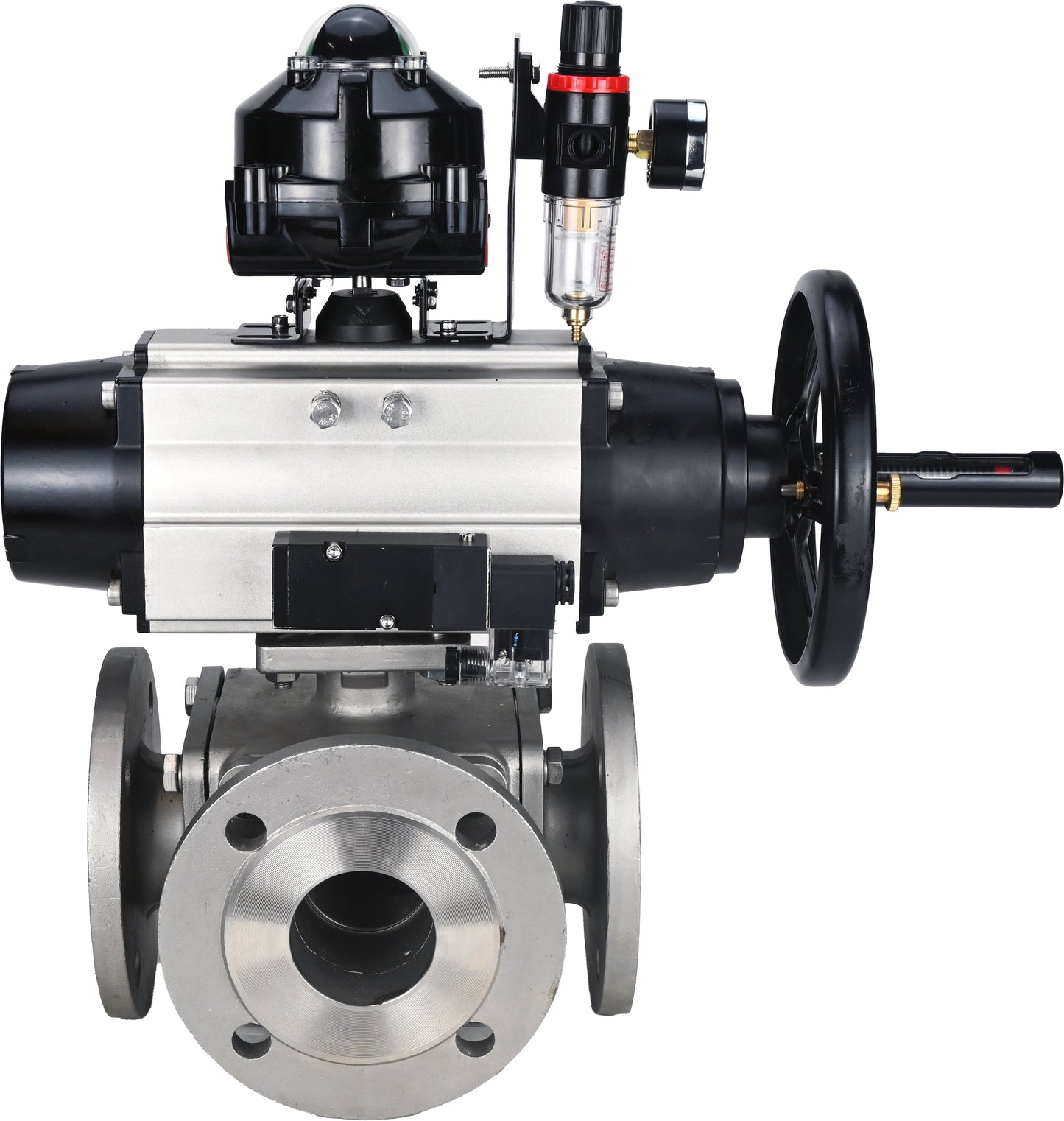 Ball valves DNOVA BV3232P(4pc)-FP-3WL-F-ISO-H DN100 16 bar full bore, flanged, body - stainless steel SS316, ISO flange F10/F12, square 19x19, with pneumatic actuator PA-DA-105-1, pneumatic distributor 4M310-08 220V, LSU APL-510N EX and ATU AFC2000