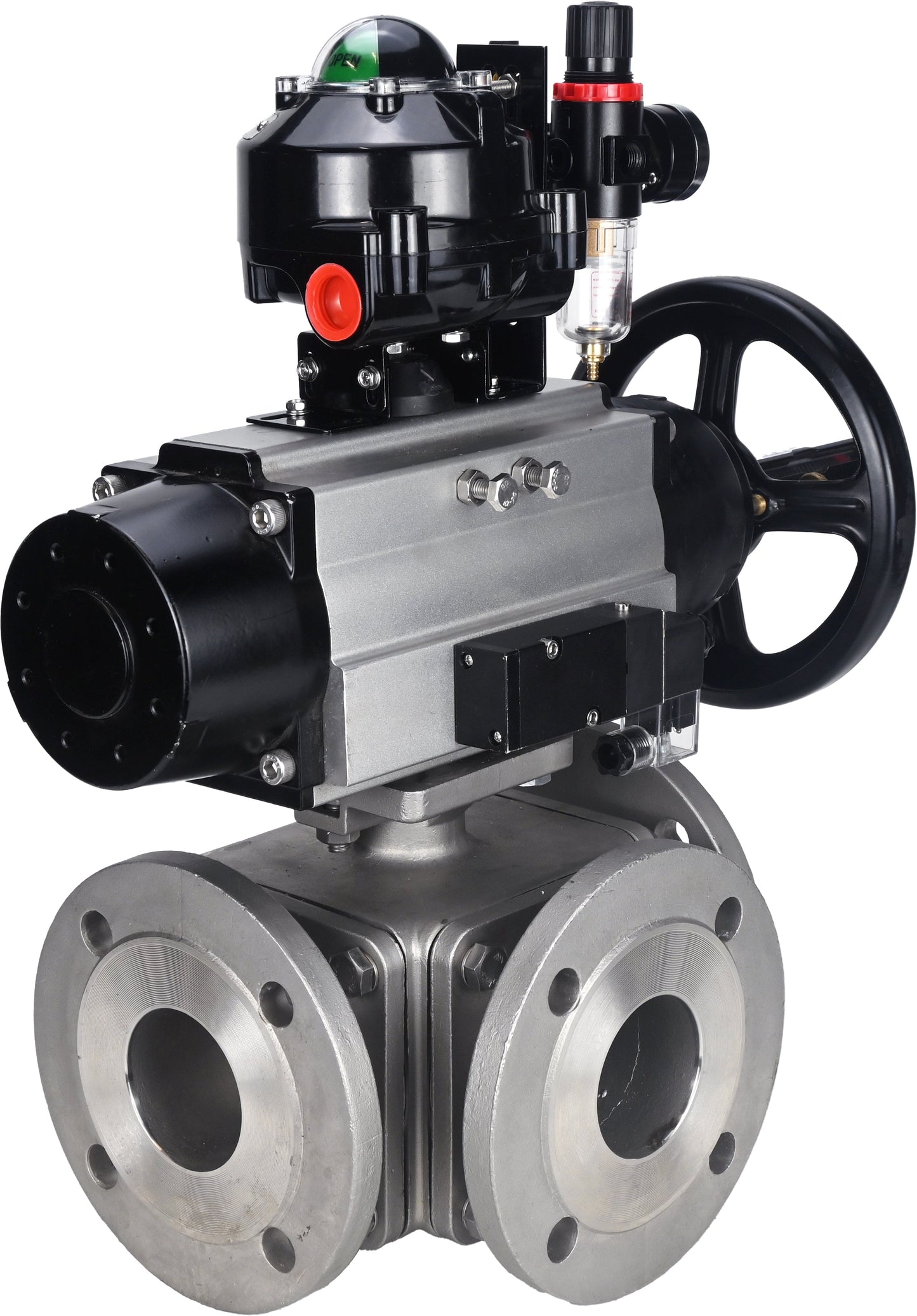 Ball valves DNOVA BV3232P(4pc)-FP-3WL-F-ISO-H DN100 16 bar full bore, flanged, body - stainless steel SS316, ISO flange F10/F12, square 19x19, with pneumatic actuator PA-DA-105-1, pneumatic distributor 4M310-08 220V, LSU APL-510N EX and ATU AFC2000