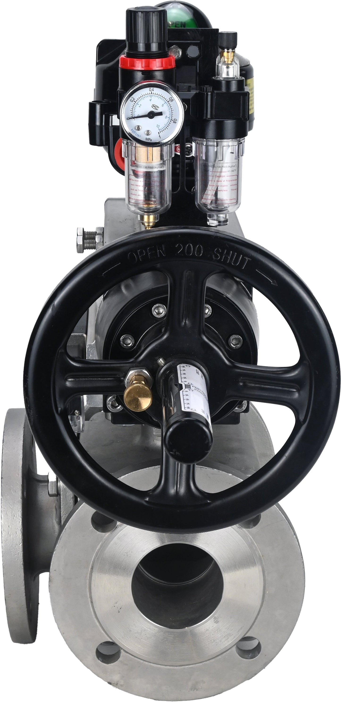 Ball valves DNOVA BV3232P(4pc)-FP-3WL-F-ISO-H DN100 16 bar full bore, flanged, body - stainless steel SS316, ISO flange F10/F12, square 19x19, with pneumatic actuator PA-DA-105-1, pneumatic distributor 4M310-08 220V, LSU APL-510N EX and ATU AFC2000