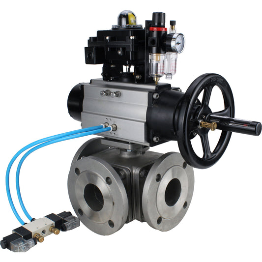 Ball valves DNOVA BV3232P(4pc)-FP-3WL-F-ISO-H DN100 16 bar full bore, flanged, body - stainless steel SS316, ISO flange F10/F12, square 19x19, with pneumatic actuator PA-DA-105-1, pneumatic distributor 4V320-10 220V, LSU APL-410N EX and ATU AFC2000