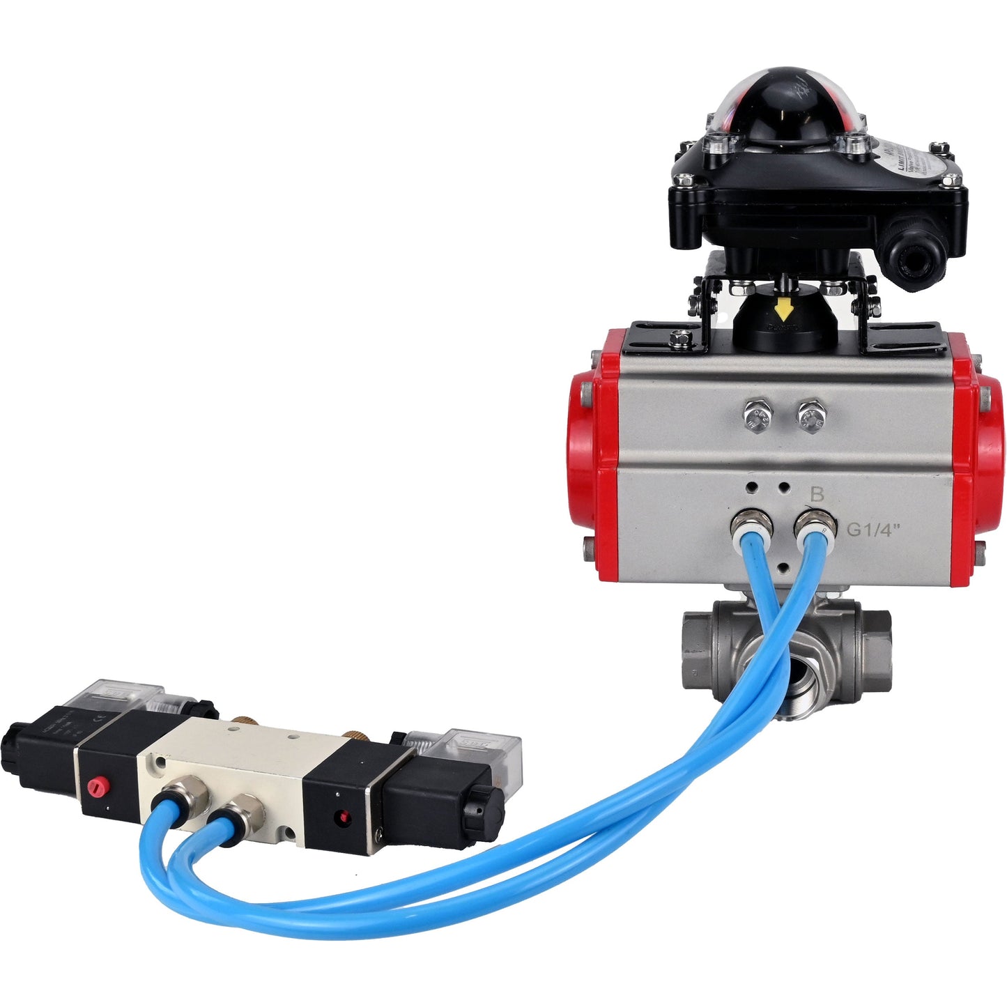 Ball valves DNOVA BV3232P(4pc)-SP-3WL-T-ISO-H, body material - Stainless steel AISI 316, seal - PTFE / PTFE / Teflon, with pneumatic actuator with return springs PA-SA, 4V320-08 220V, LSU APL-210N