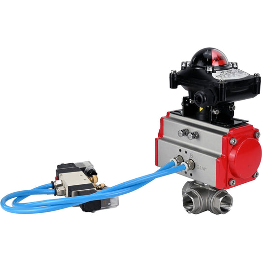 Ball valves DNOVA BV3232P(4pc)-SP-3WL-T-ISO-H,  body material - Stainless steel AISI 316, seal - PTFE / PTFE / Teflon, with pneumatic actuator with return springs PA-SA, 4V320-10 220V, LSU APL-210N