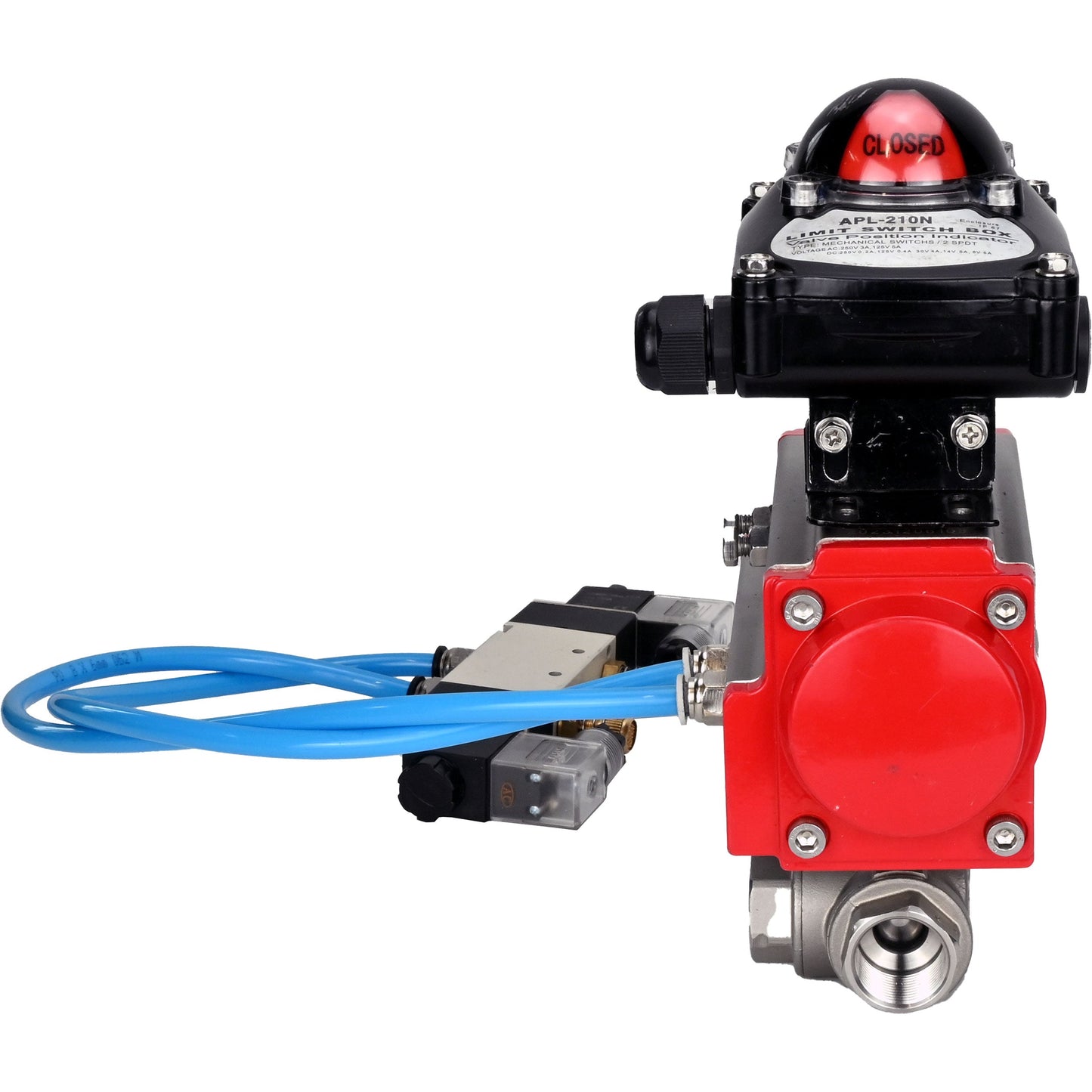 Ball valves DNOVA BV3232P(4pc)-SP-3WL-T-ISO-H, body material - Stainless steel AISI 316, seal - PTFE / PTFE / Teflon, with pneumatic actuator with return springs PA-SA, 4V320-10 220V, LSU APL-210N