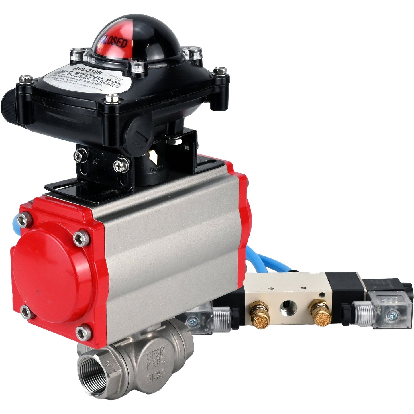 Ball valves DNOVA BV3232P(4pc)-SP-3WL-T-ISO-H, body material - Stainless steel AISI 316, seal - PTFE / PTFE / Teflon, with pneumatic actuator with return springs PA-SA, 4V320-10 220V, LSU APL-210N