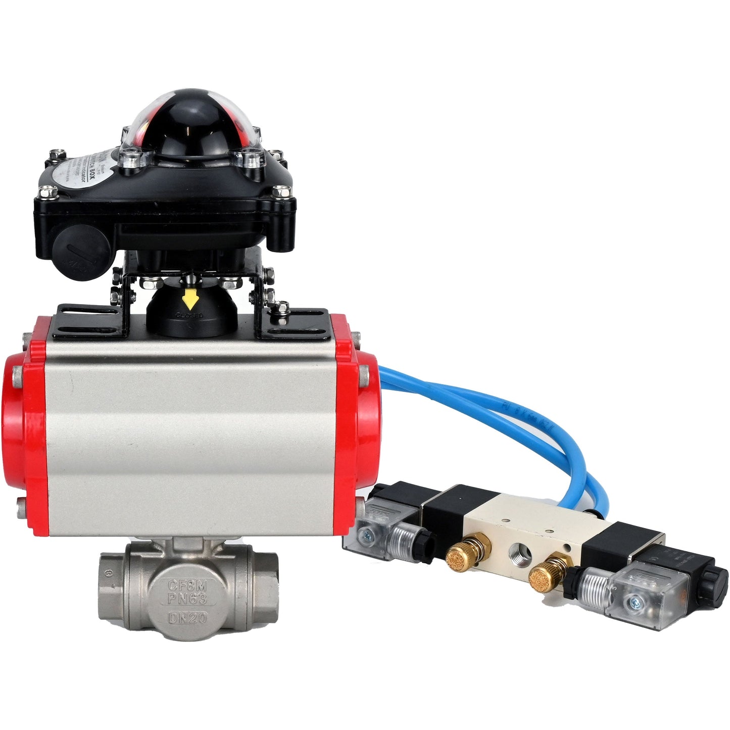 Ball valves DNOVA BV3232P(4pc)-SP-3WL-T-ISO-H, body material - Stainless steel AISI 316, seal - PTFE / PTFE / Teflon, with pneumatic actuator with return springs PA-SA, 4V320-08 220V, LSU APL-210N
