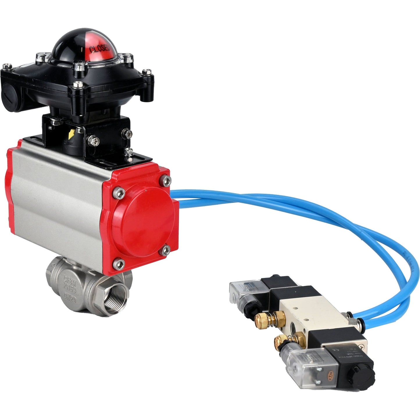 Ball valves DNOVA BV3232P(4pc)-SP-3WL-T-ISO-H, body material - Stainless steel AISI 316, seal - PTFE / PTFE / Teflon, with pneumatic actuator with return springs PA-SA, 4V320-10 220V, LSU APL-210N