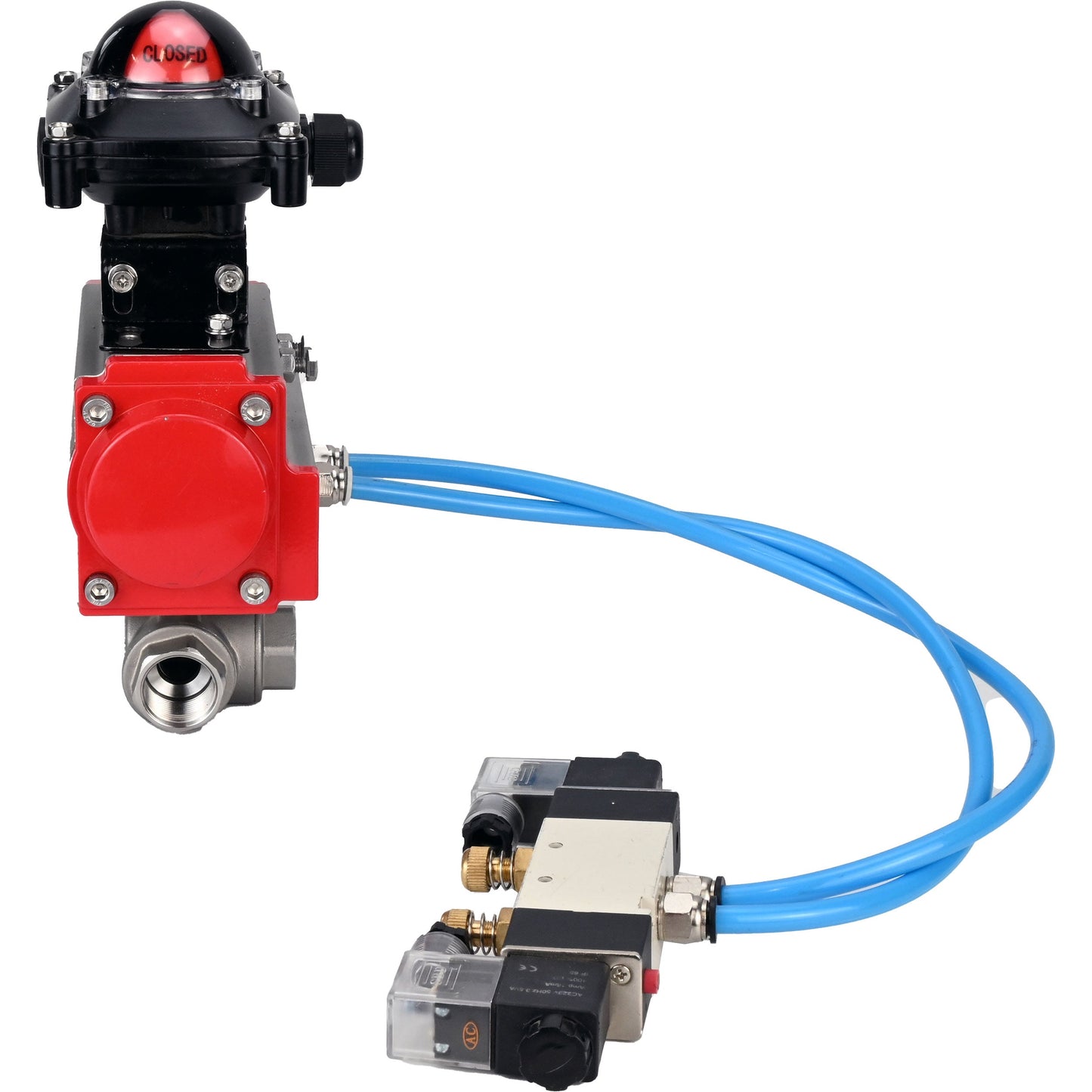 Ball valves DNOVA BV3232P(4pc)-SP-3WL-T-ISO-H, body material - Stainless steel AISI 316, seal - PTFE / PTFE / Teflon, with pneumatic actuator with return springs PA-SA, 4V320-10 220V, LSU APL-210N