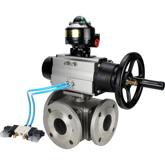 Ball valves DNOVA BV3232P(4pc)-FP-3WL-F-ISO-H DN100 16 bar full bore, flanged, body - stainless steel SS316, ISO flange F10/F12, square 19x19, with double pneumatic actuator PA-DA-105-1 action, pneumatic distributor 4V320-10 220V and LSU APL-510N E