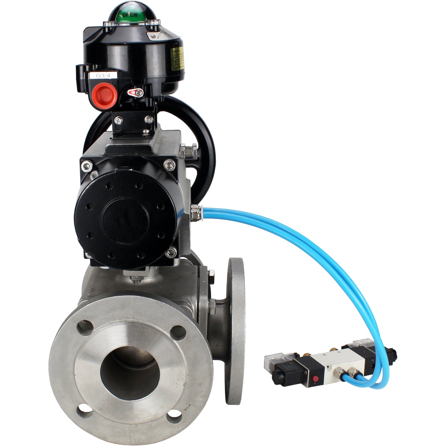 Ball valves DNOVA BV3232P(4pc)-FP-3WL-F-ISO-H DN100 16 bar full bore, flanged, body - stainless steel SS316, ISO flange F10/F12, square 19x19, with double pneumatic actuator PA-DA-105-1 action, pneumatic distributor 4V320-10 220V and LSU APL-510N E