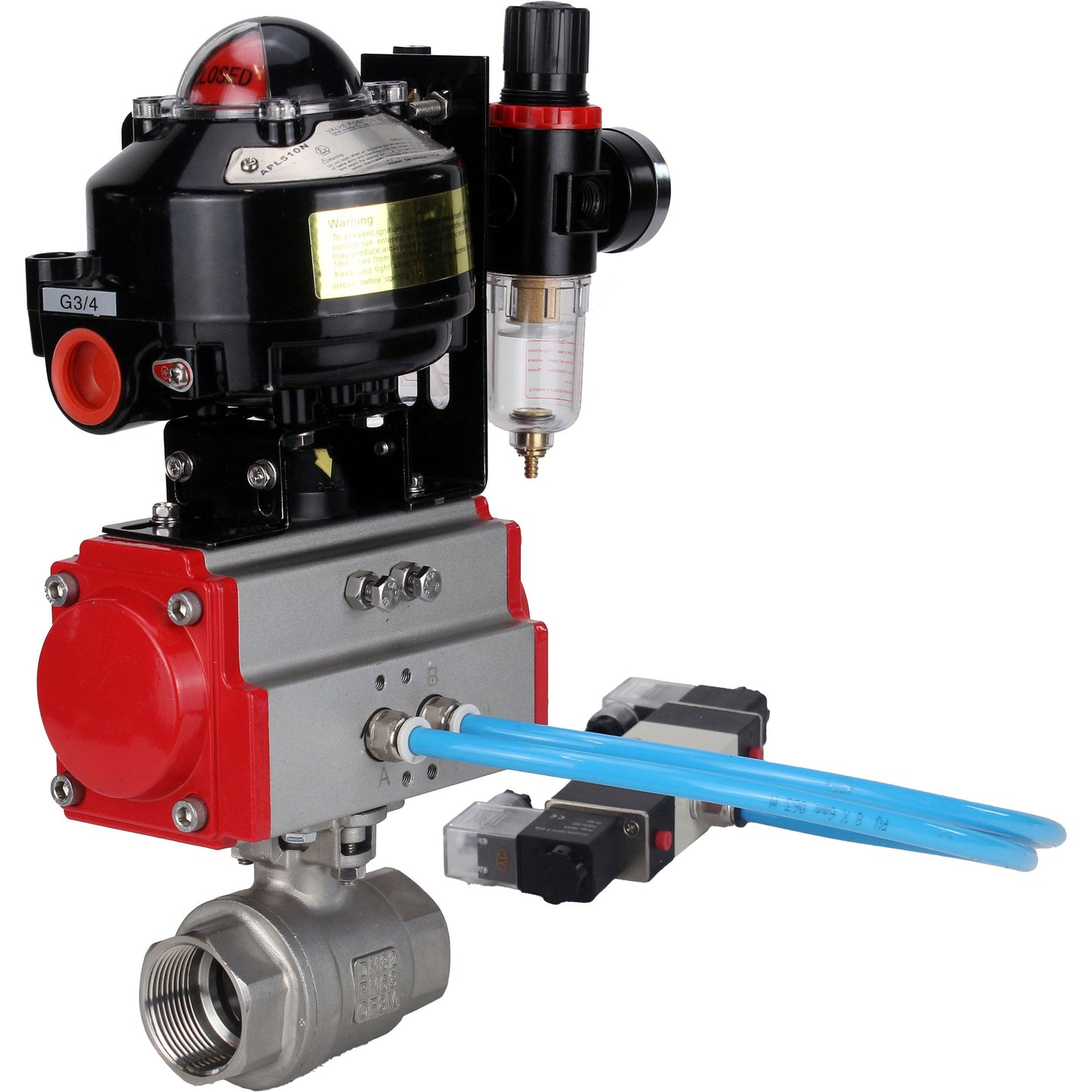 صمامات كروية DNOVA BV3232P (قطعتان)-FP-T-ISO-H، ملولبة، ذات تجويف كامل، هيكل من الفولاذ المقاوم للصدأ. فولاذ SS316، مانع تسرب من PTFE، مع مشغل هوائي. موزع هوائي DNOVA PA-SA 052-160 4V320-08 ATU AFC2000 APL-510N-EX