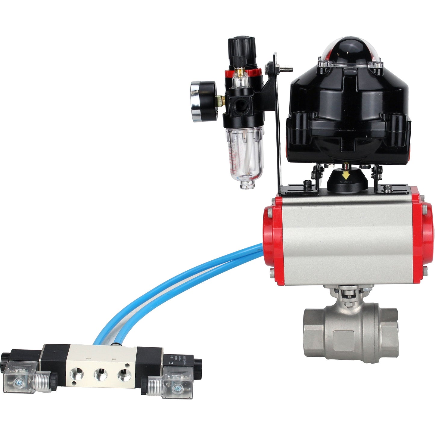 صمامات كروية DNOVA BV3232P (قطعتان)-FP-T-ISO-H، ملولبة، ذات تجويف كامل، هيكل من الفولاذ المقاوم للصدأ. فولاذ SS316، مانع تسرب من PTFE، مع مشغل هوائي. موزع هوائي DNOVA PA-SA 052-160 4V320-08 ATU AFC2000 APL-510N-EX
