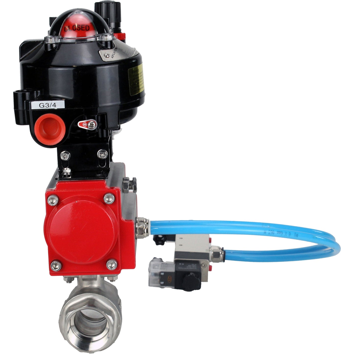 صمامات كروية DNOVA BV3232P (قطعتان)-FP-T-ISO-H، ملولبة، ذات تجويف كامل، هيكل من الفولاذ المقاوم للصدأ. فولاذ SS316، مانع تسرب من PTFE، مع مشغل هوائي. موزع هوائي DNOVA PA-SA 052-160 4V320-08 ATU AFC2000 APL-510N-EX