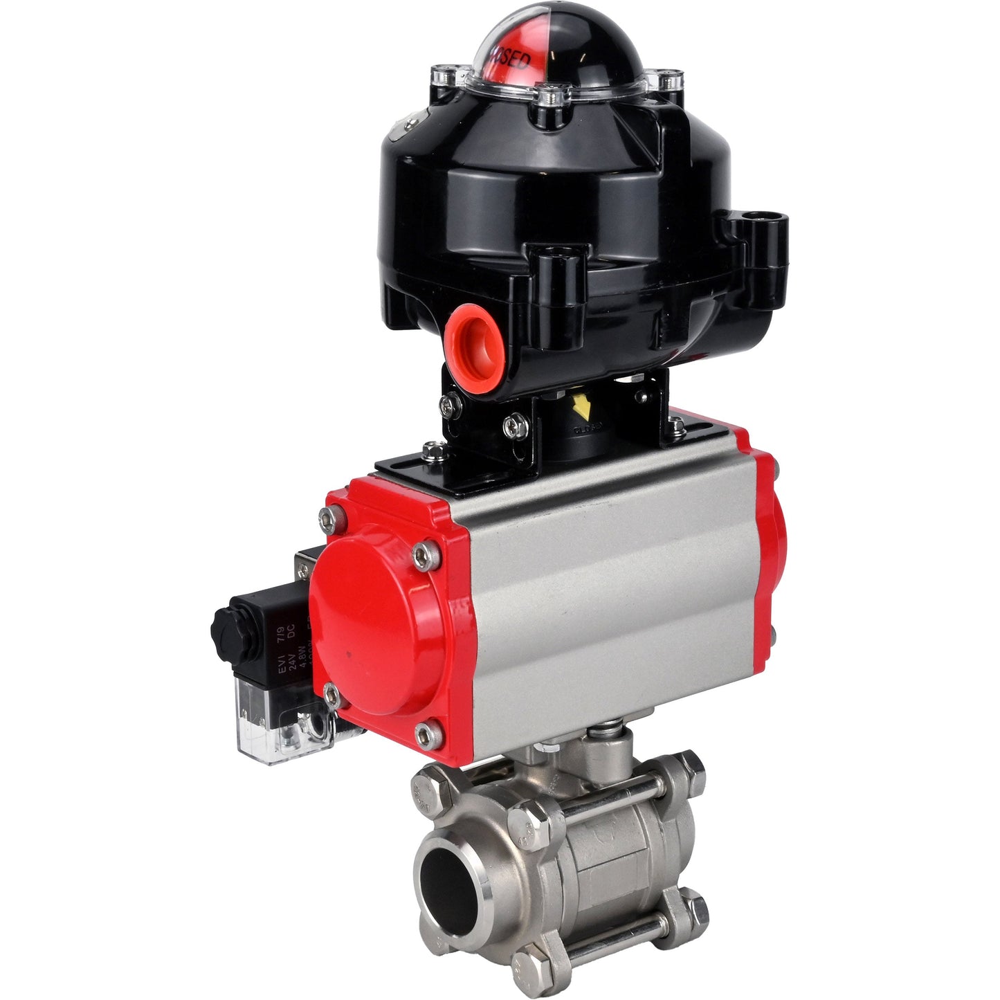 Ball valves DNOVA BV3232P(3pc)-FP-W-ISO-H for welding, full bore, body - stainless steel SS316, seal - PTFE, with pneumatic actuator DNOVA PA-SA 052- 130 pneumatic distributor 4M310-08 220V LSU APL-510N-EX