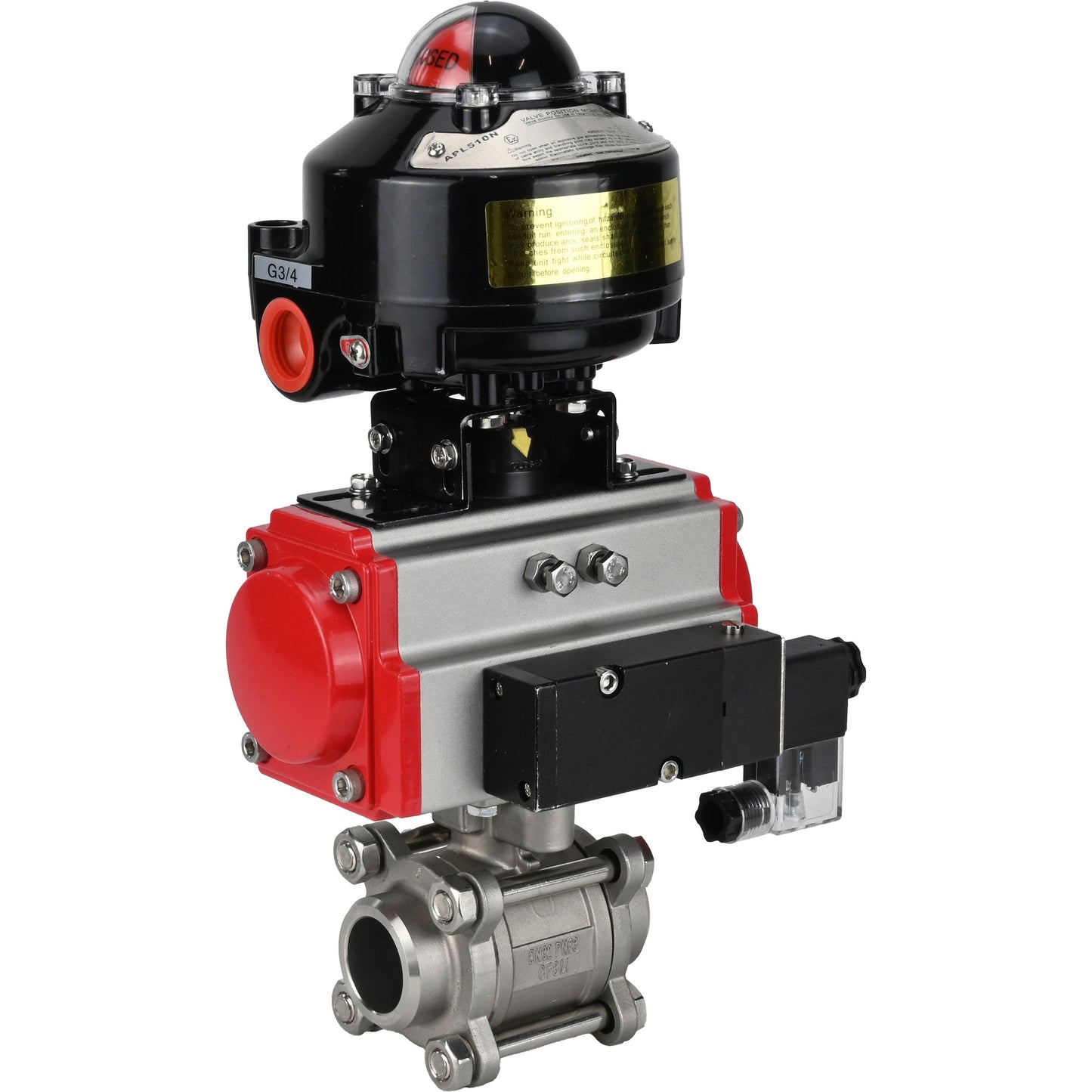 Ball valves DNOVA BV3232P(3pc)-FP-W-ISO-H for welding, full bore, body - stainless steel SS316, seal - PTFE, with pneumatic actuator DNOVA PA-SA 052- 130 pneumatic distributor 4M310-08 220V LSU APL-510N-EX